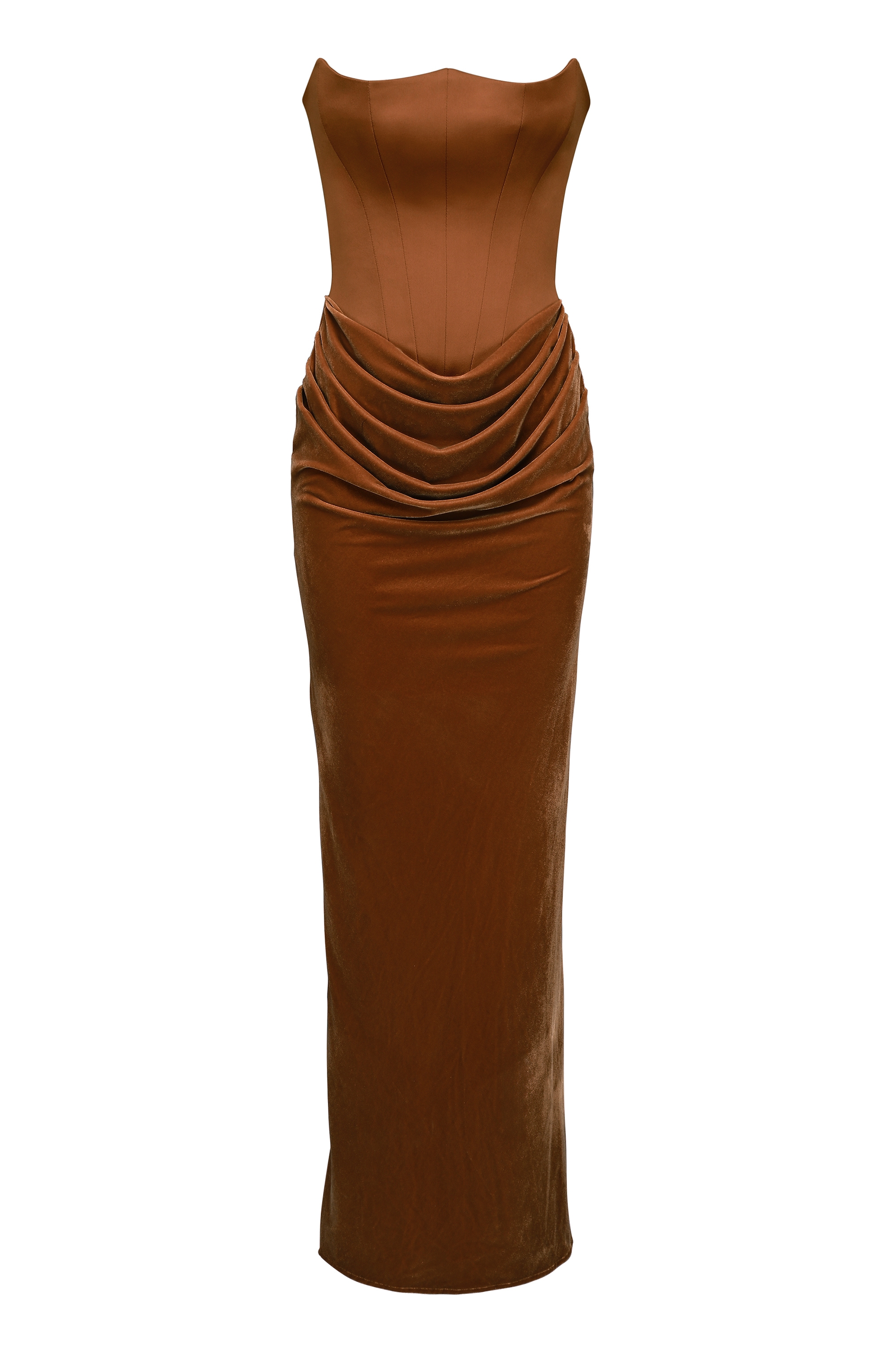 Coffee Velvet Strapless Corset Maxi Dress - TREBLEV