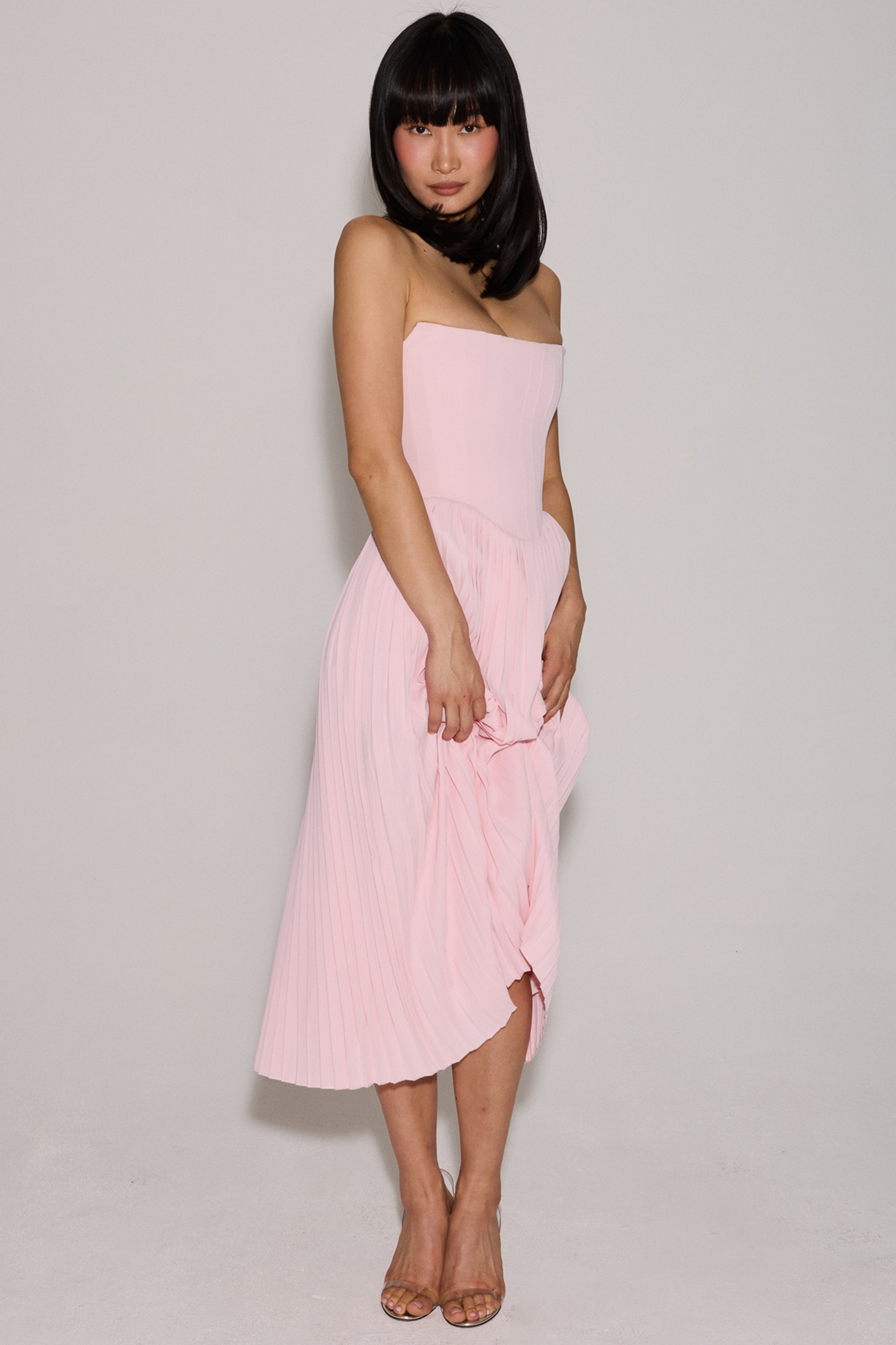 Pink Pleated Midi Corset Dress - TREBLEV