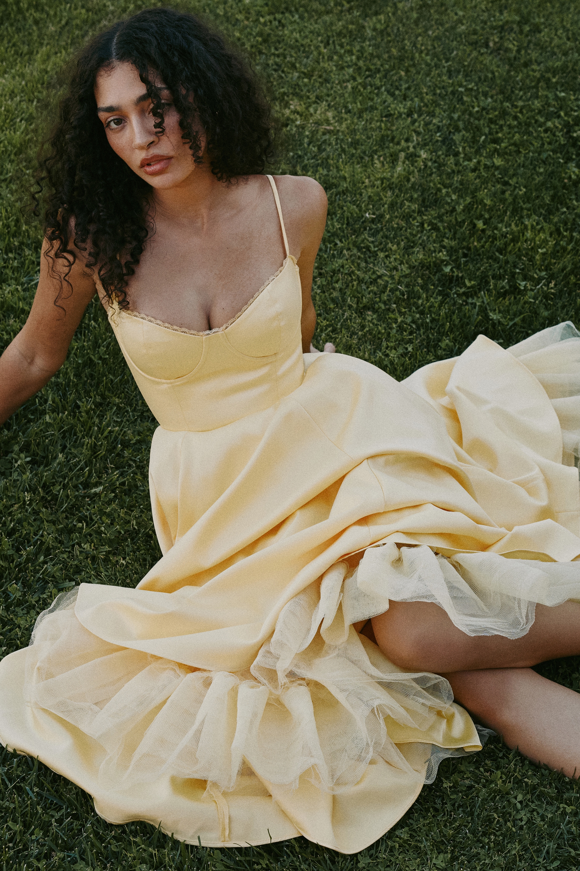 Sunshine Yellow Satin Tulle Midi Dress - TREBLEV