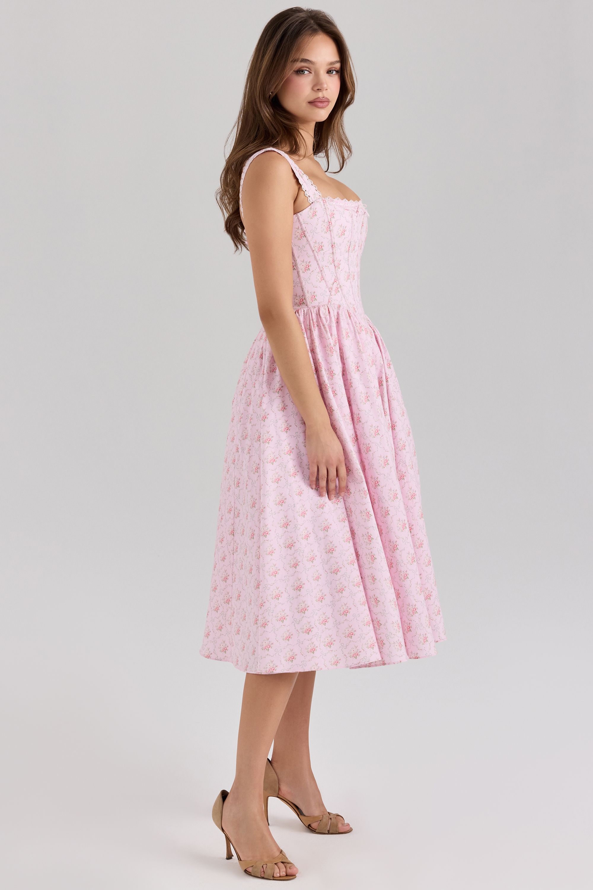 Pink Rose Print Stretch Cotton Corset Midi Dress - TREBLEV