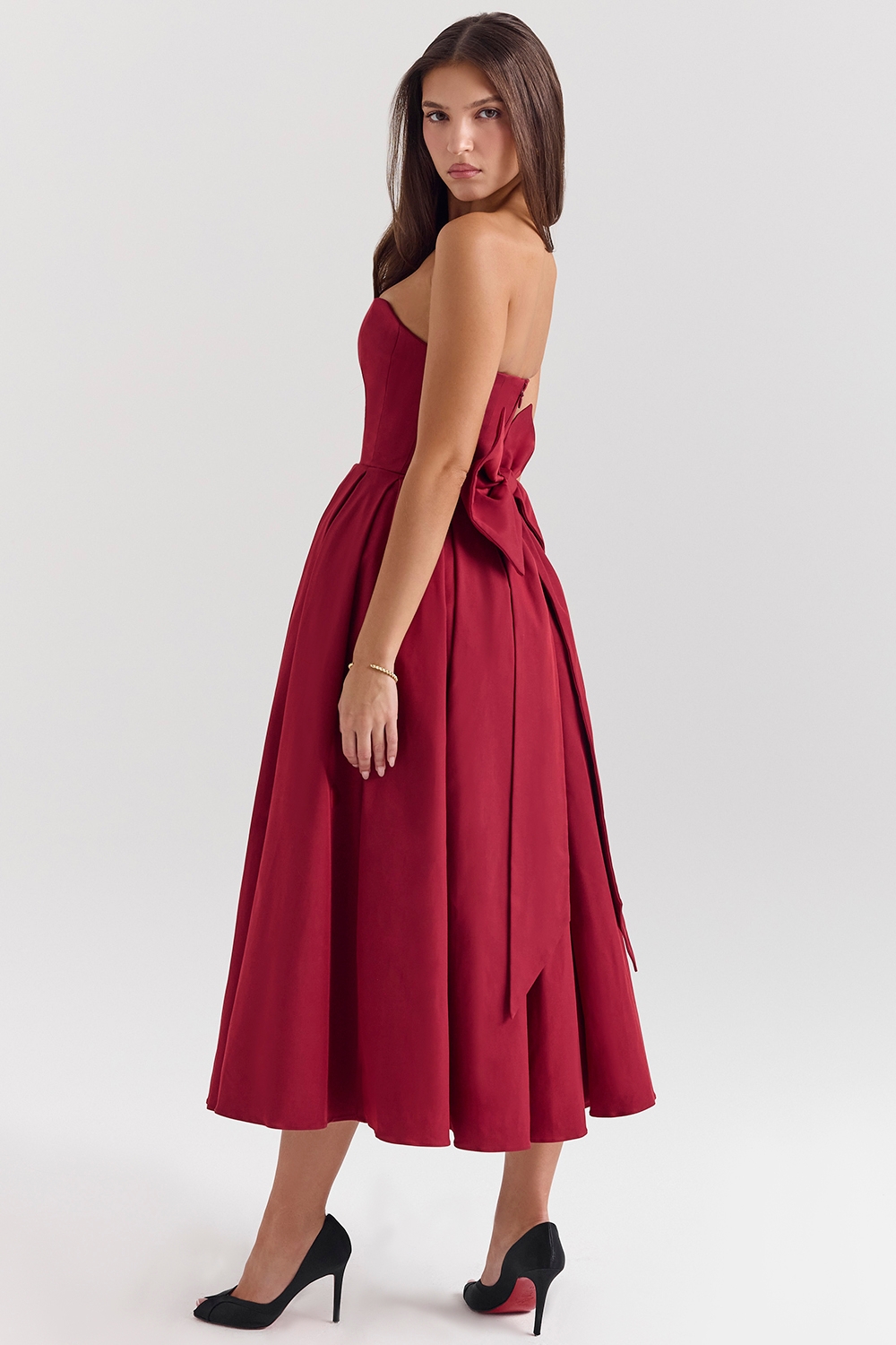 Berry Strapless Detachable Bow Midi Dress - TREBLEV