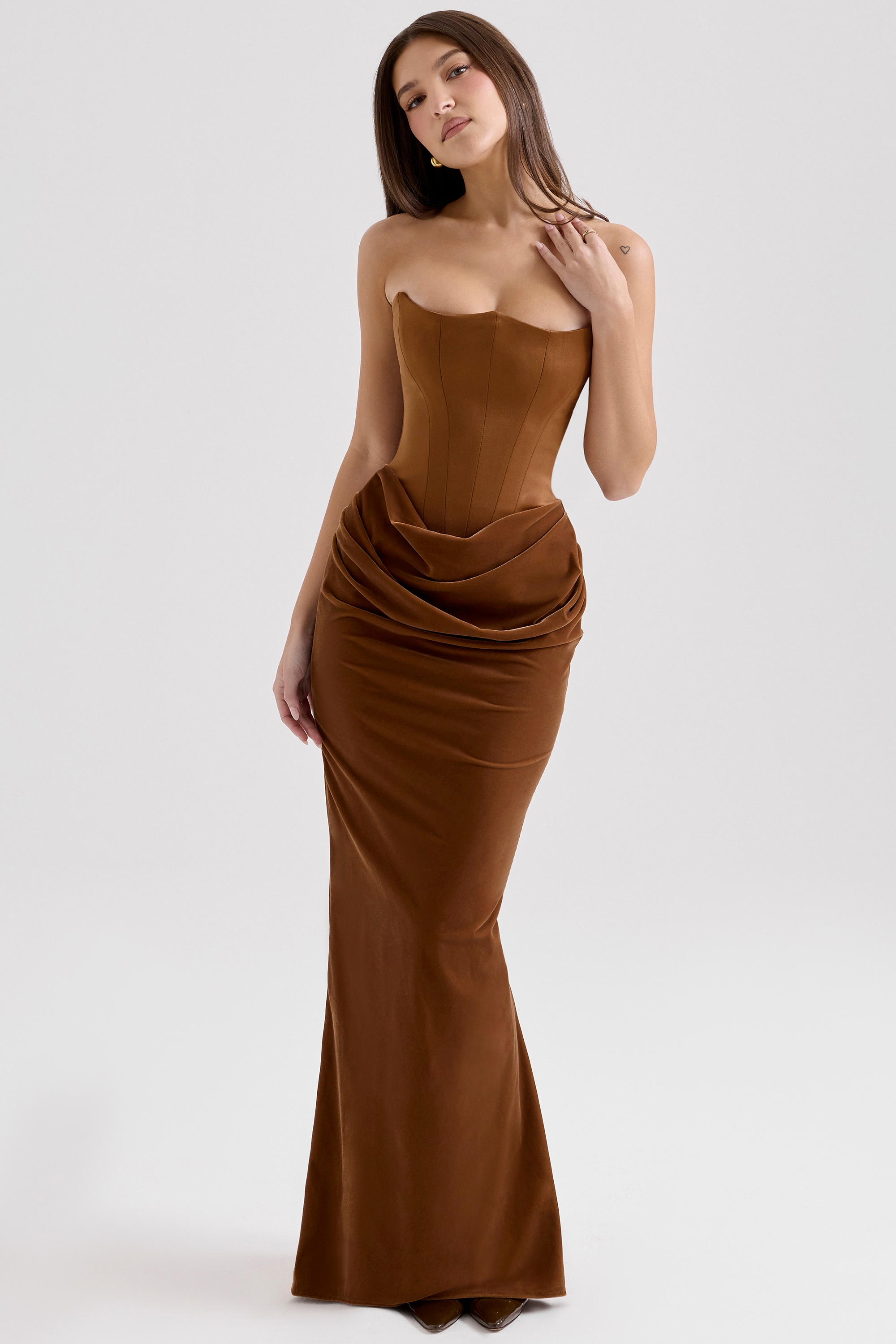 Coffee Velvet Strapless Corset Maxi Dress - TREBLEV