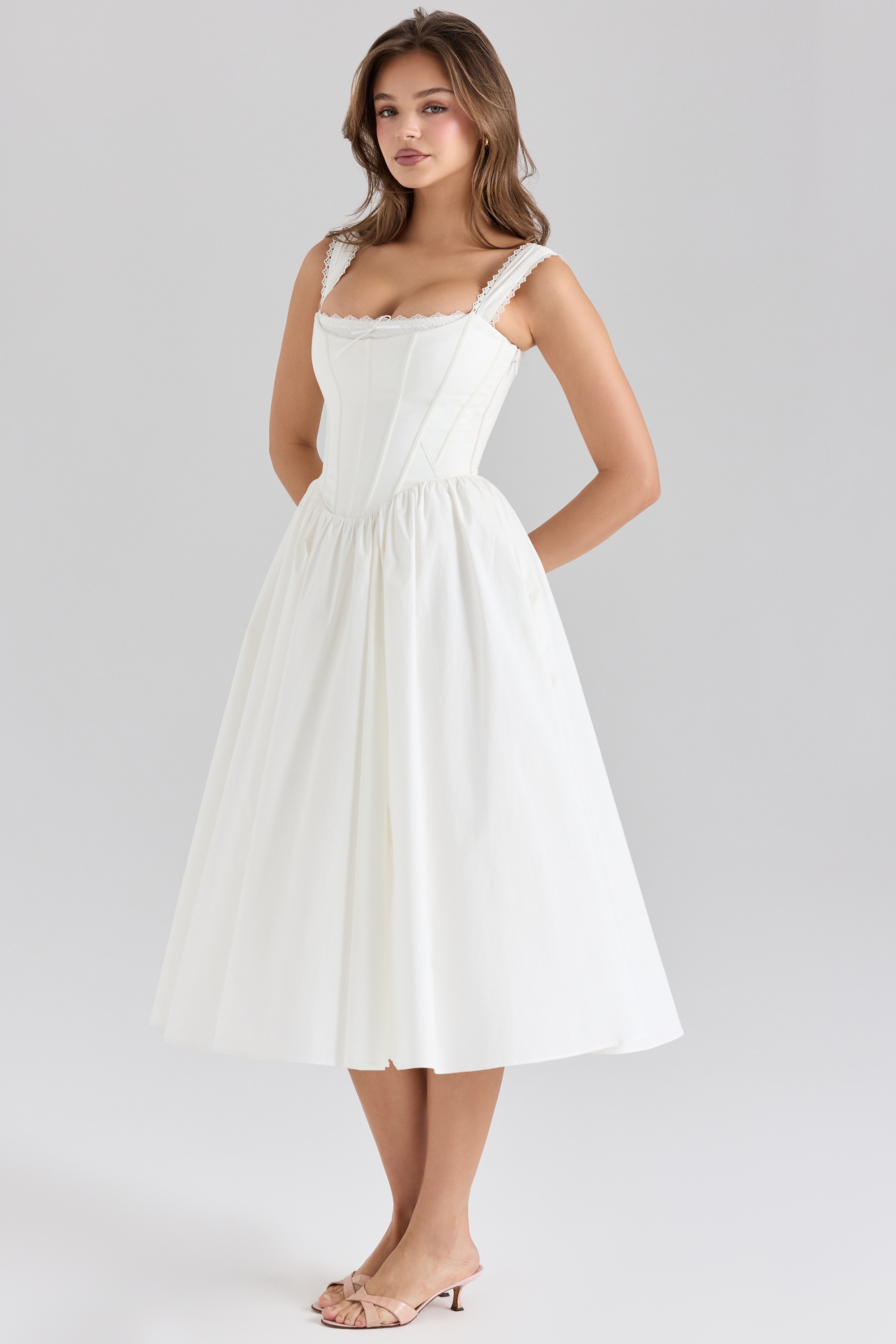 White Stretch Cotton Corset Midi Dress - TREBLEV