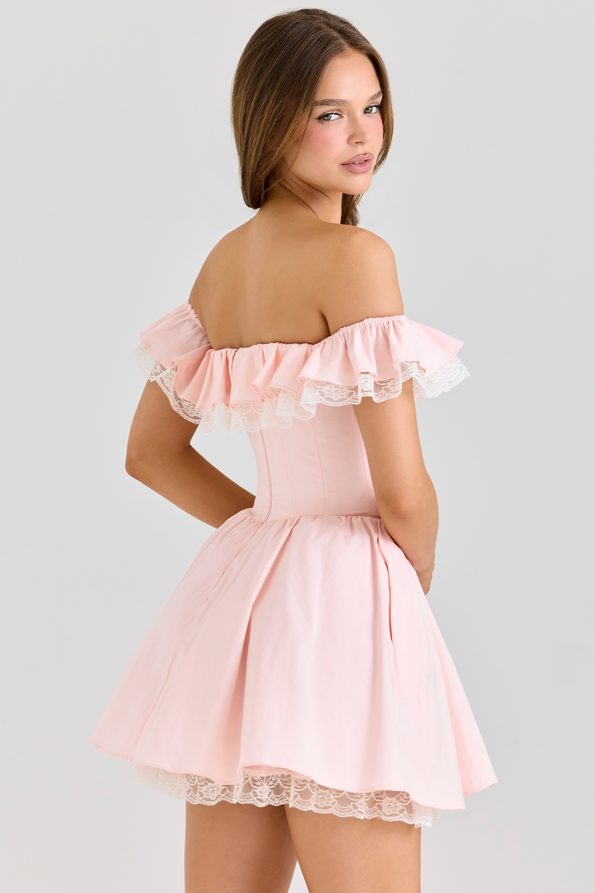 Pink Stretch Cotton Off Shoulder Corset Mini Dress - TREBLEV