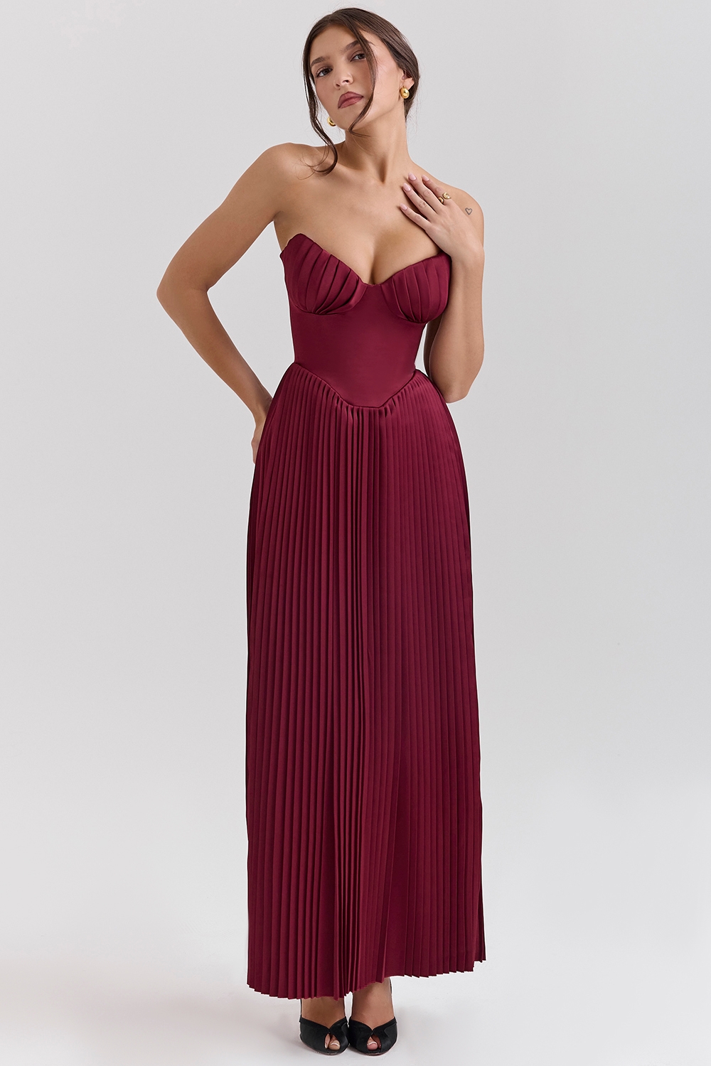 Berry Pleated Satin Maxi Dress - TREBLEV