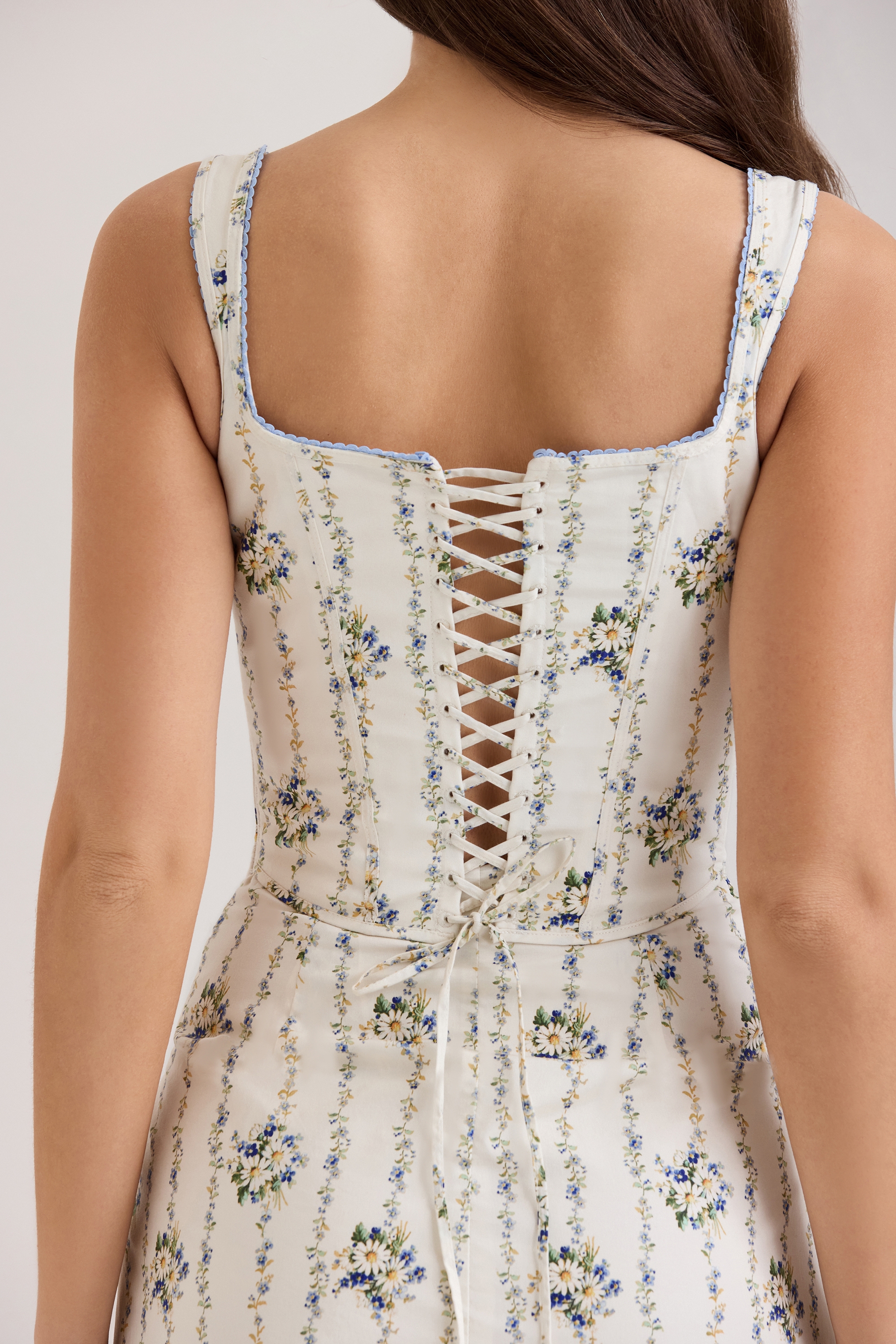 Cream Daisy Print Stretch Cotton Midi Dress - TREBLEV