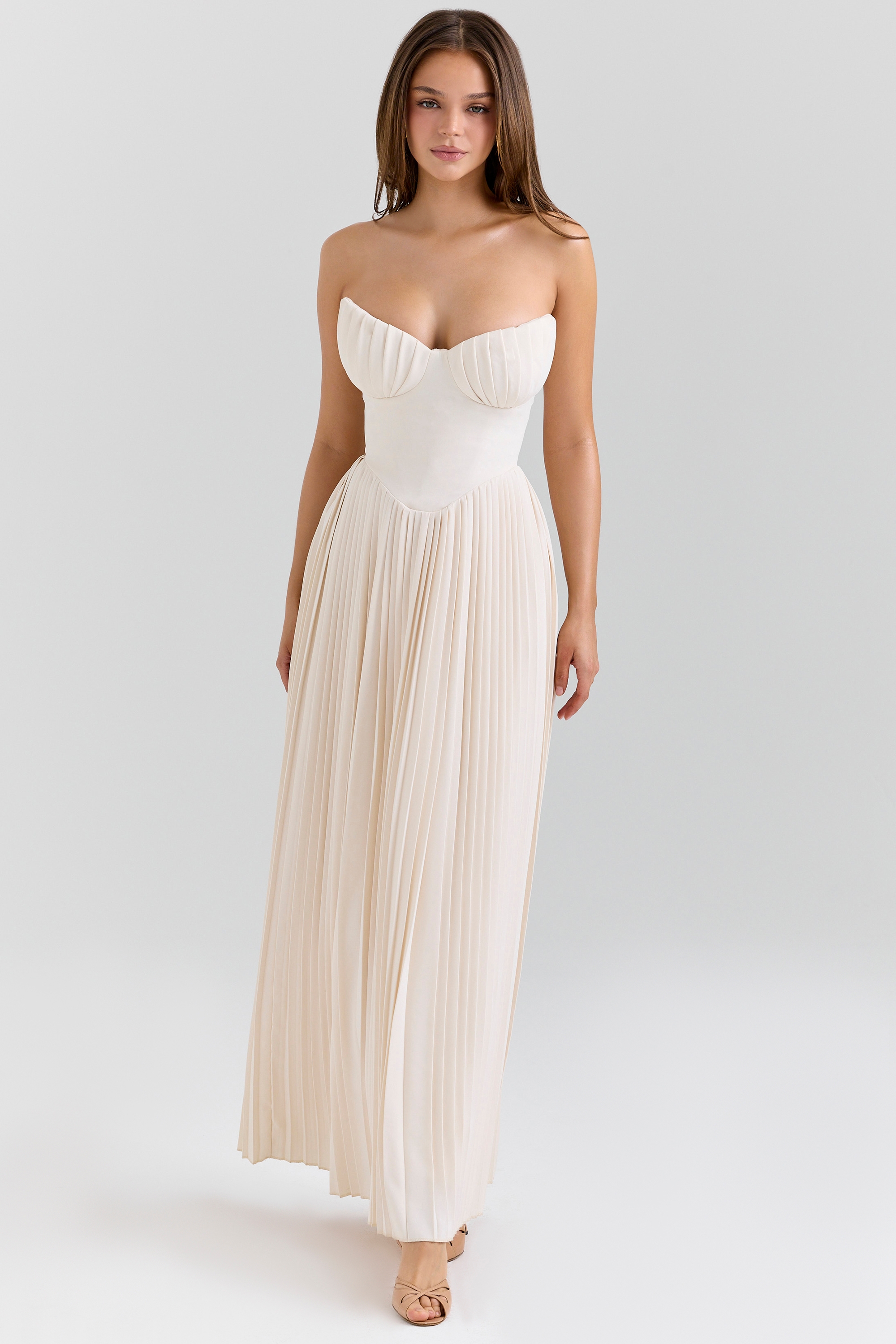 Ivory Georgette Pleated Maxi Dress - TREBLEV