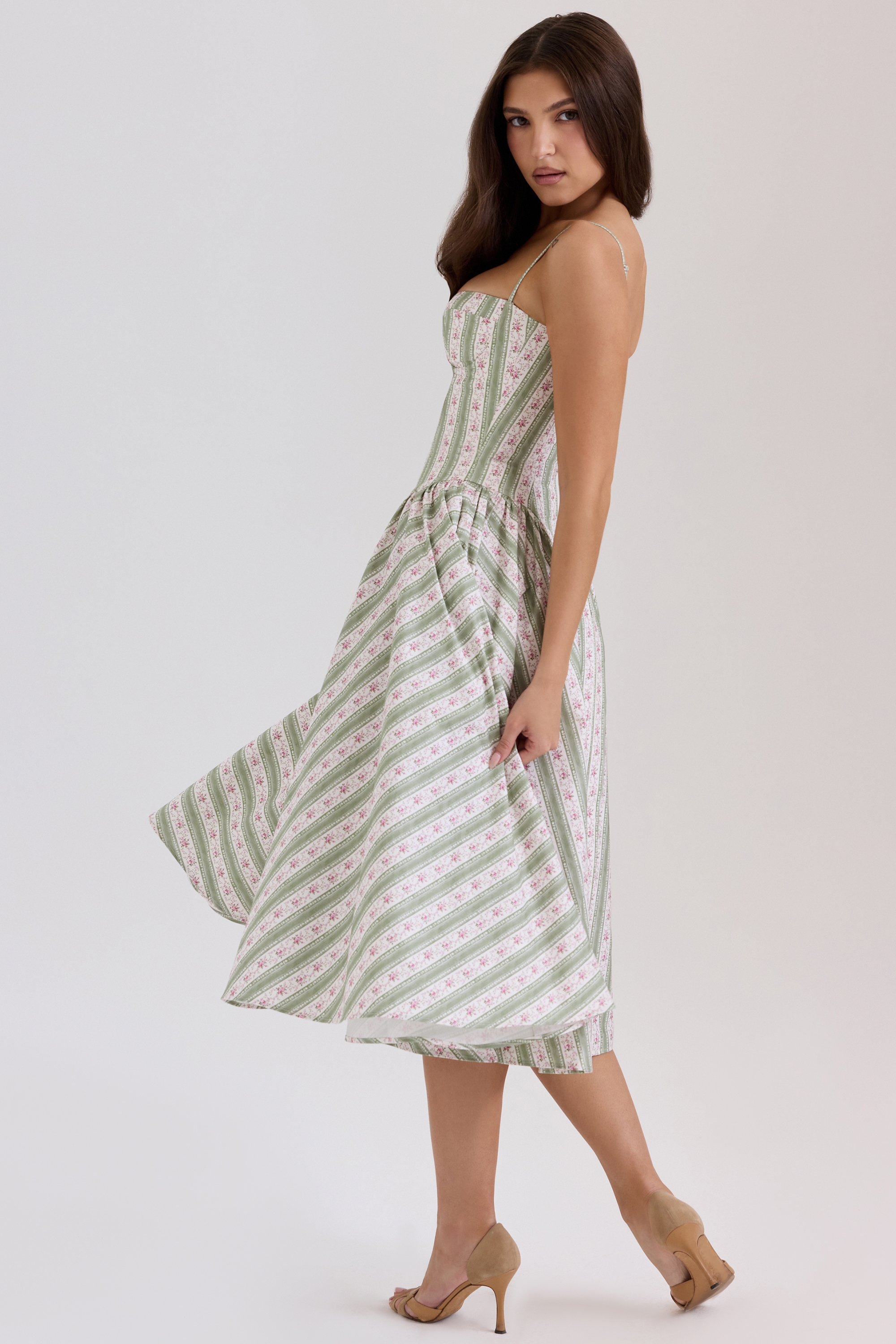Sage Striped Floral Print Cotton Midi Dress - TREBLEV