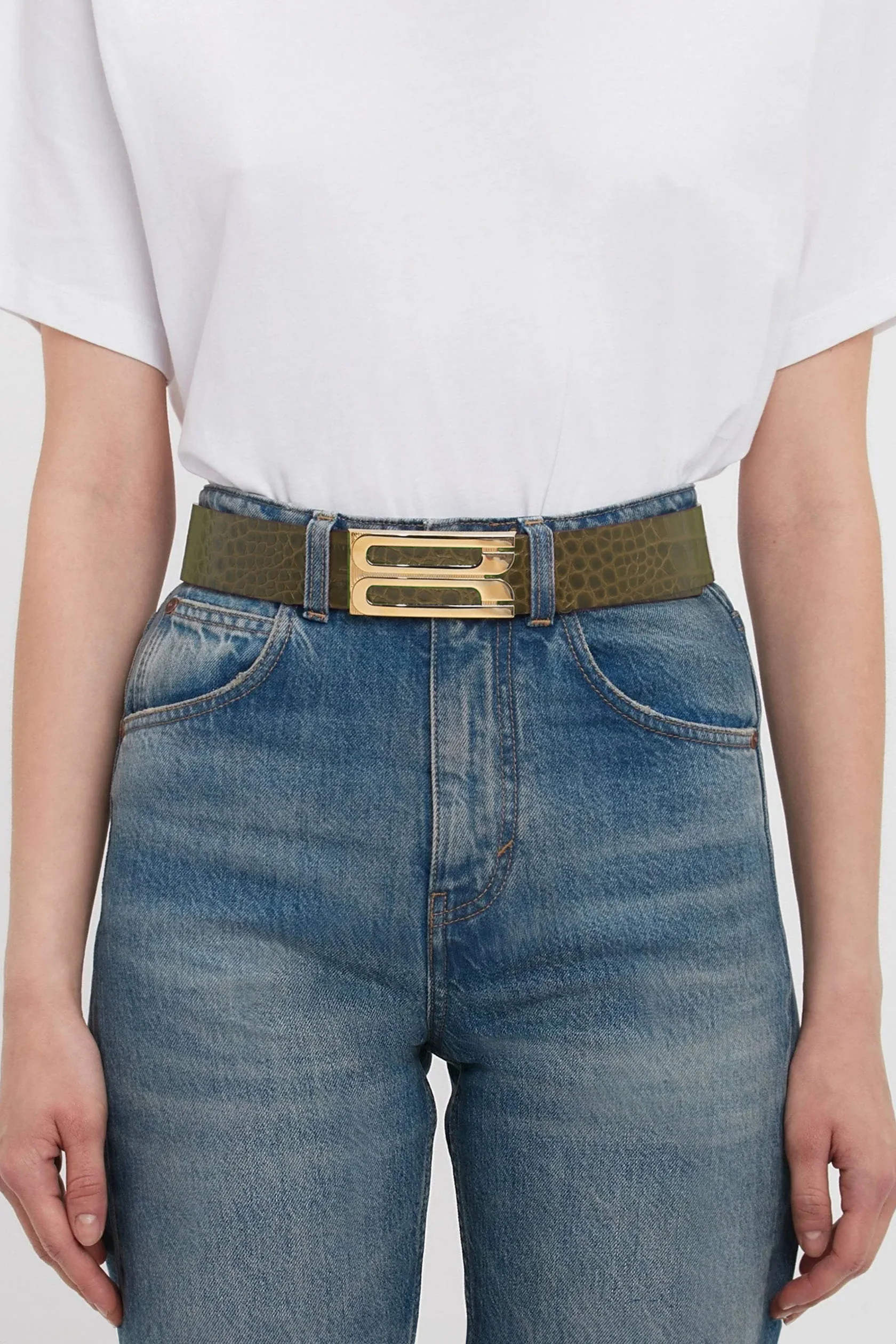 Jumbo Dorian Belt In Khaki Croc Embossed Calf Leather - XNAUWBI
