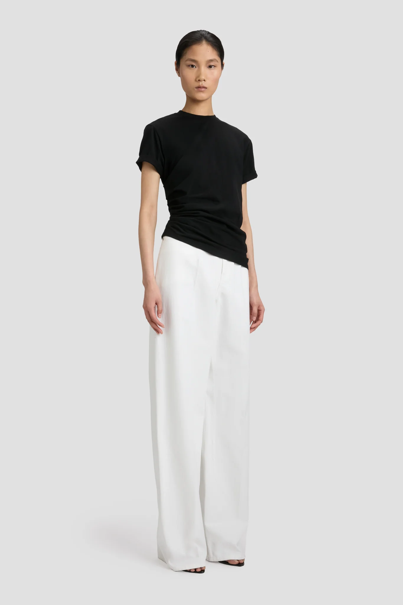 High Waisted Cinched Jean In Washed White - XNAUWBI