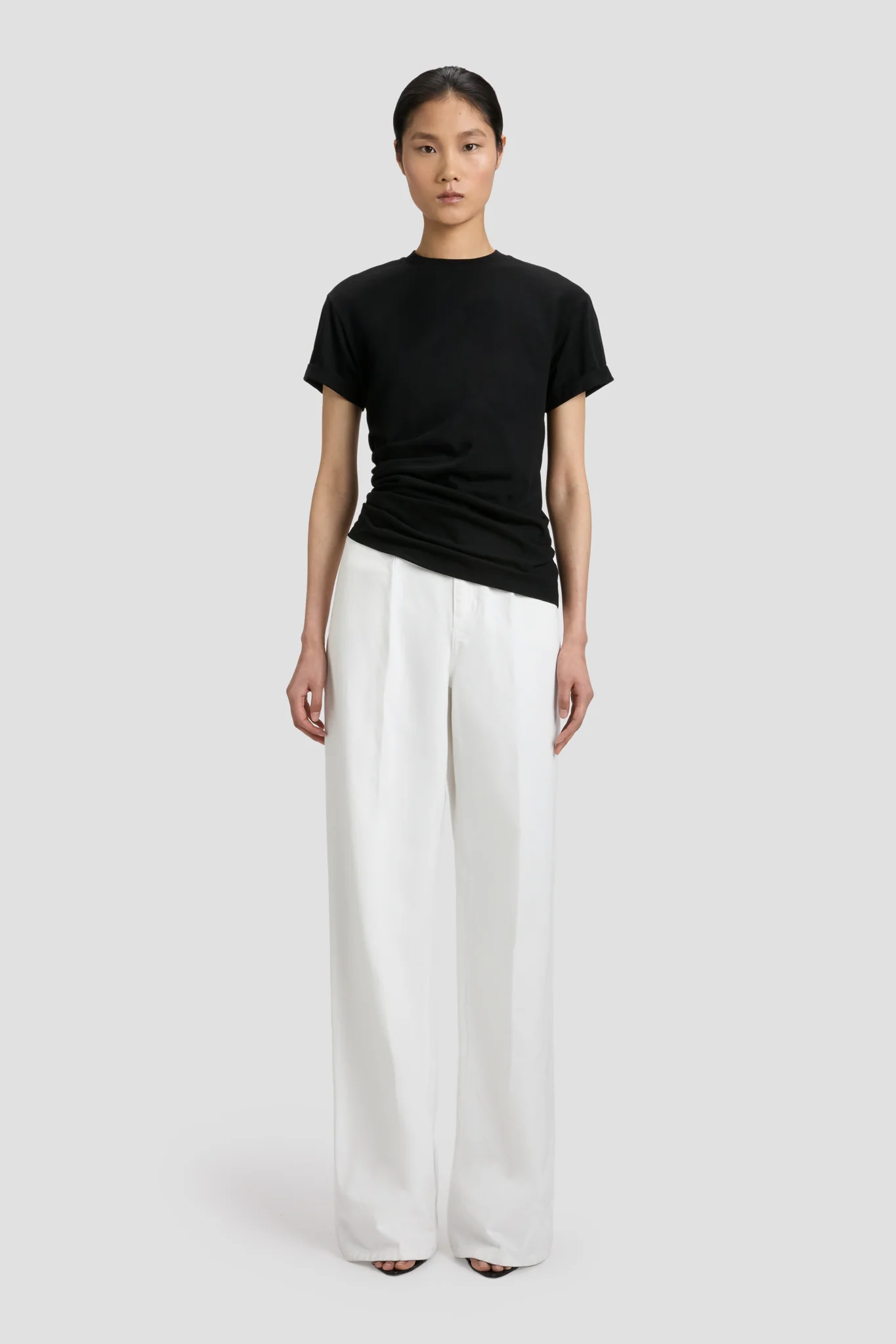 High Waisted Cinched Jean In Washed White - XNAUWBI