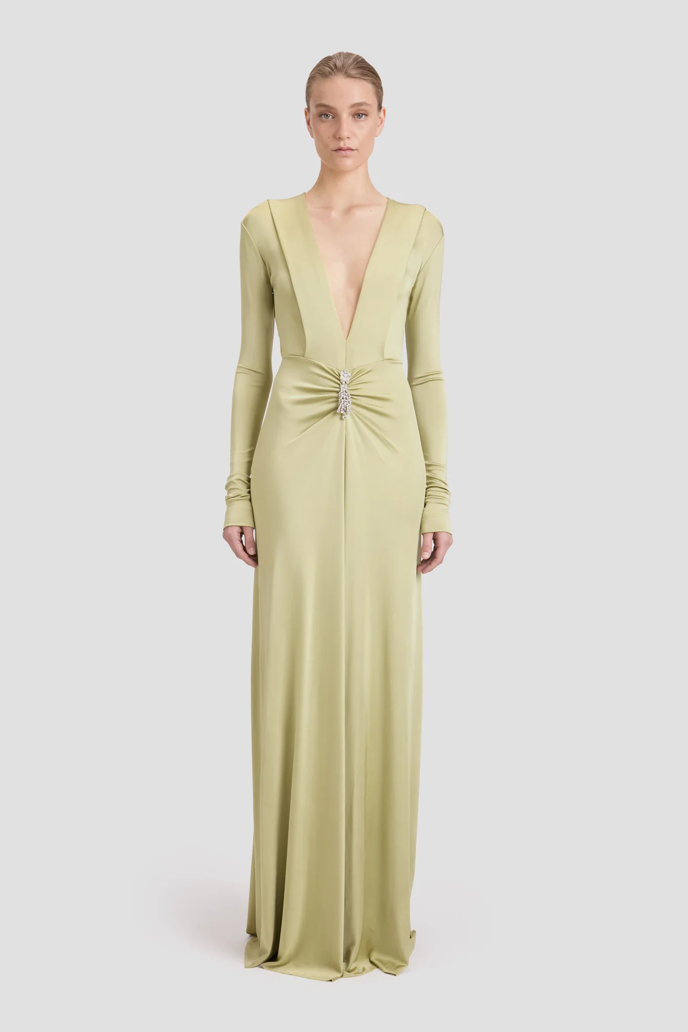 Embellished Deep V-Neck Gown In Pistachio - XNAUWBI