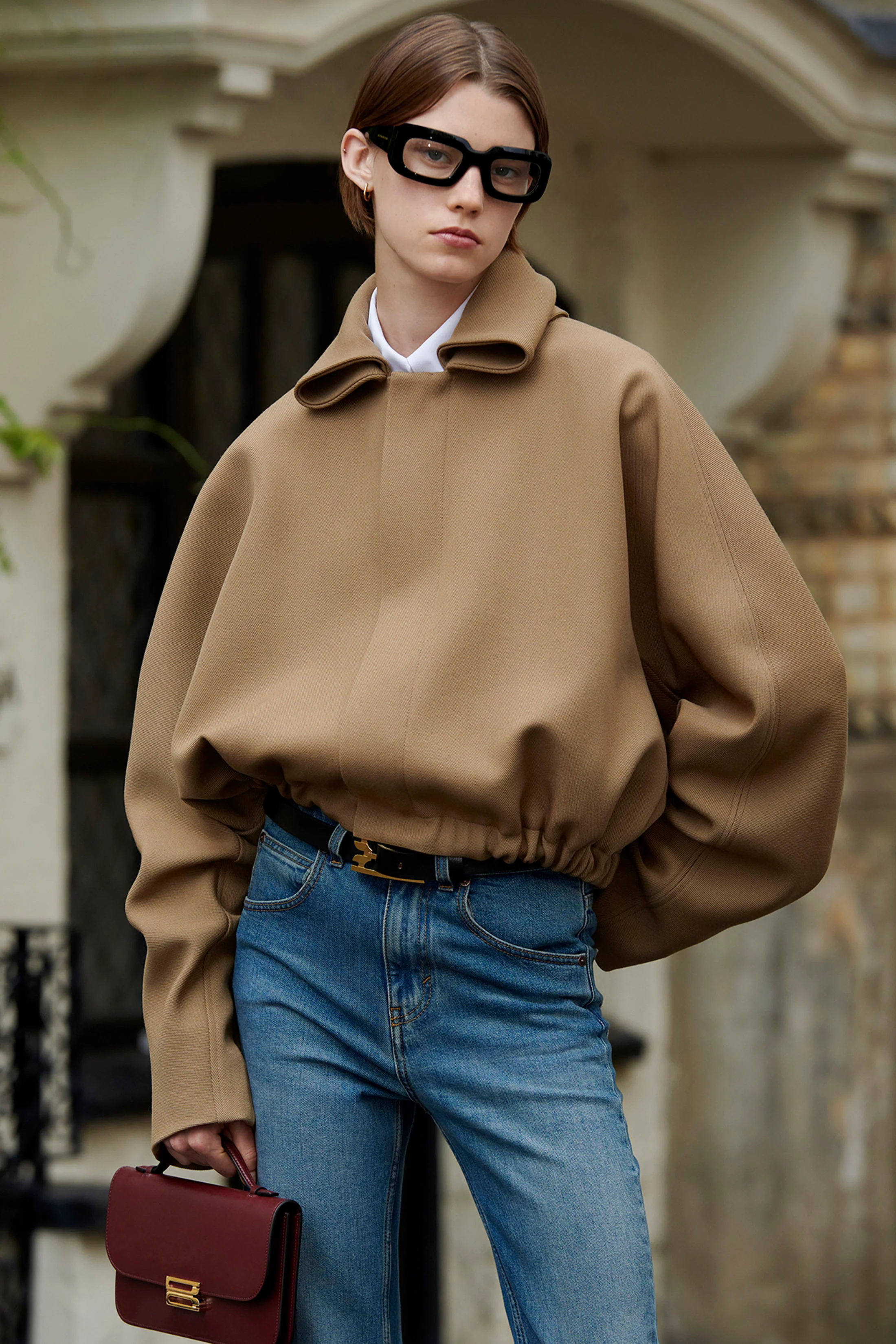 Roll Neck Bomber Jacket In Dark Camel - XNAUWBI