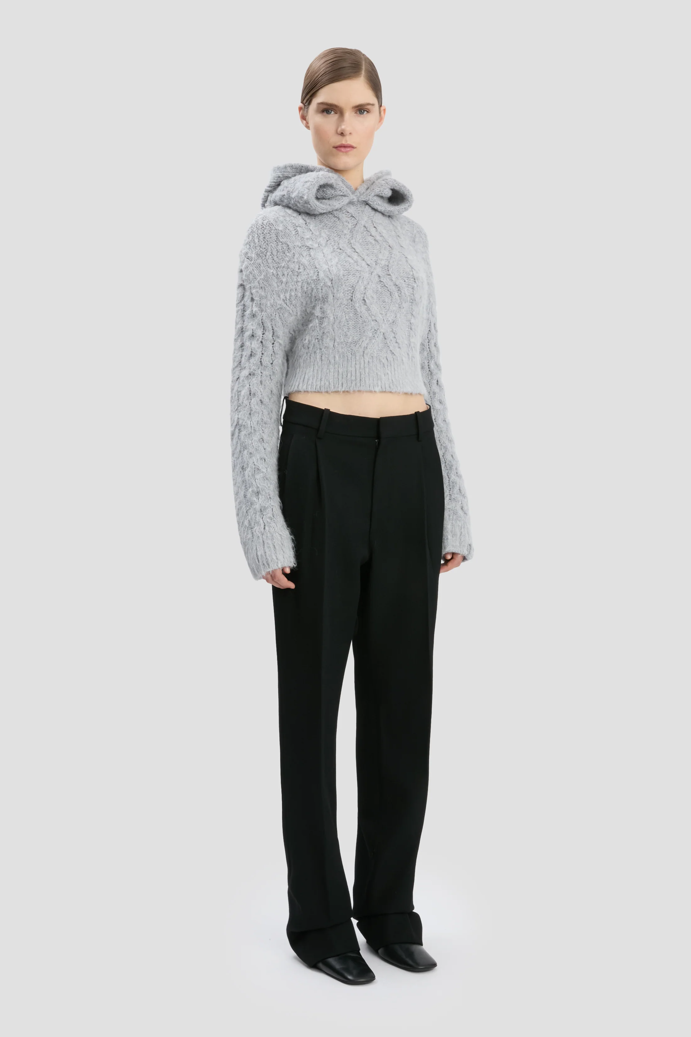 Cropped Cable Jumper In Grey Melange - XNAUWBI