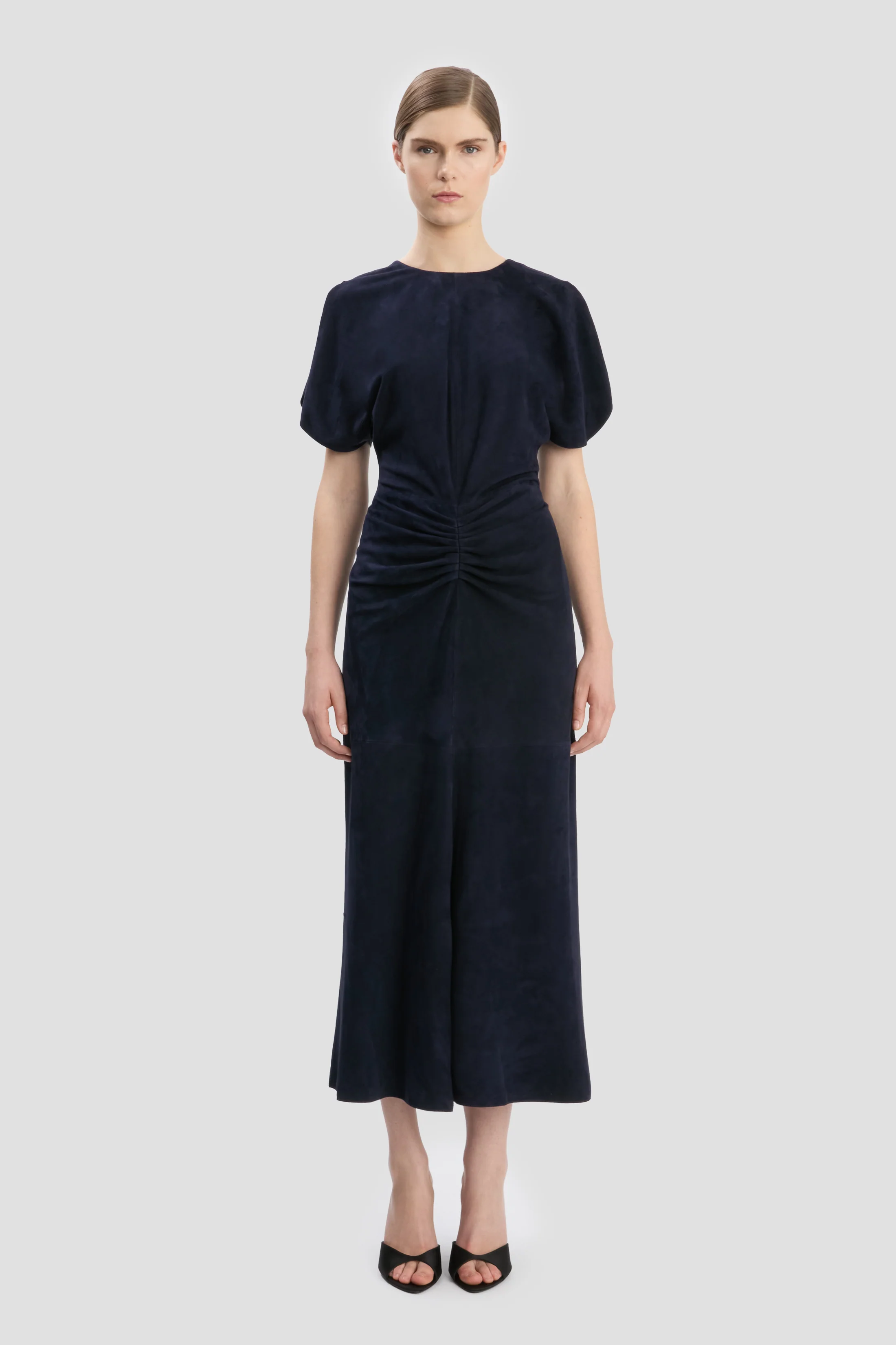 Bela Midi Dress In Navy Suede - XNAUWBI