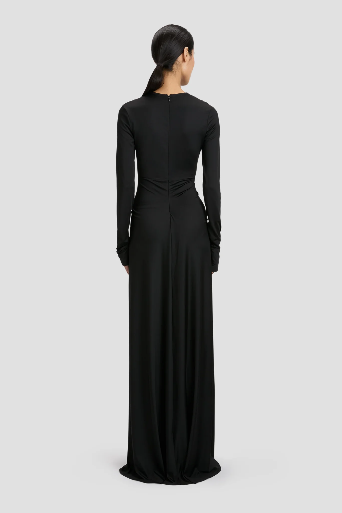 Long Sleeve Deep V-Neck Gown In Black - XNAUWBI