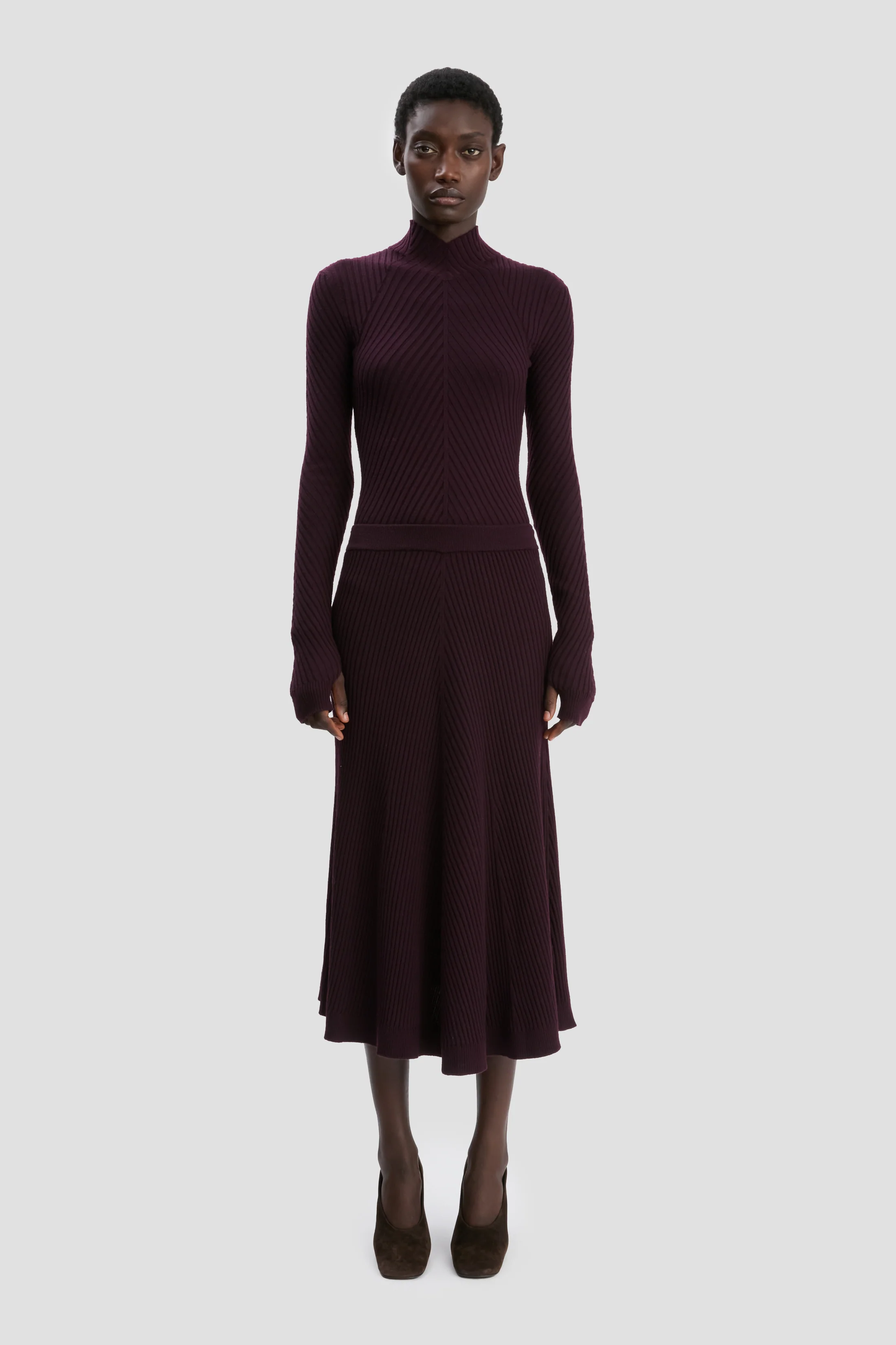 Ribbed Knit Midi Skirt In Merlot - XNAUWBI