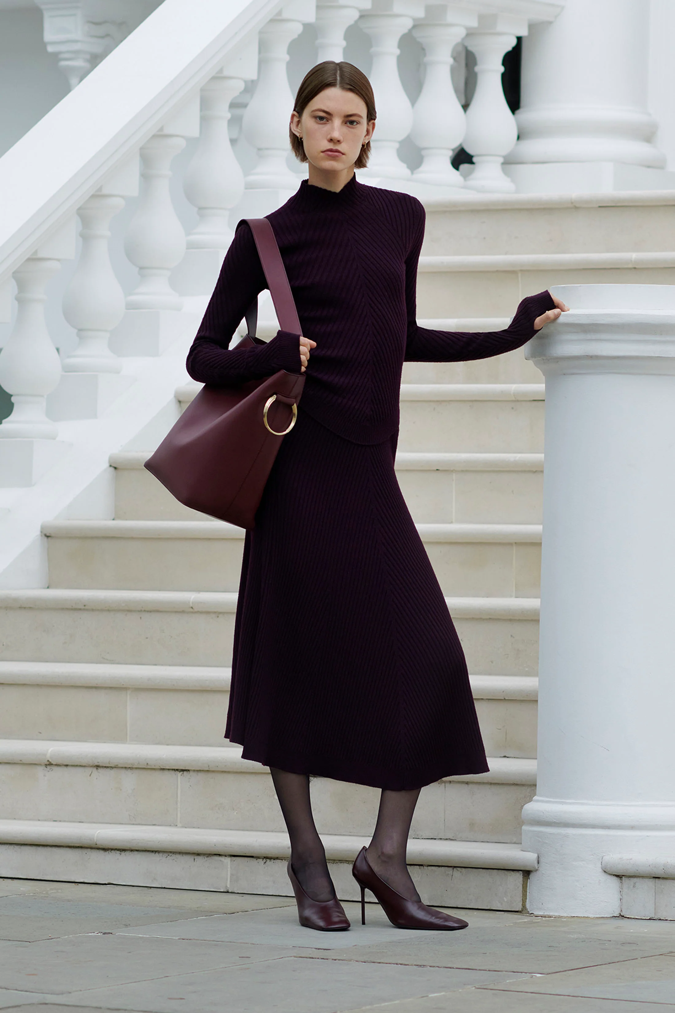 Ribbed Knit Midi Skirt In Merlot - XNAUWBI