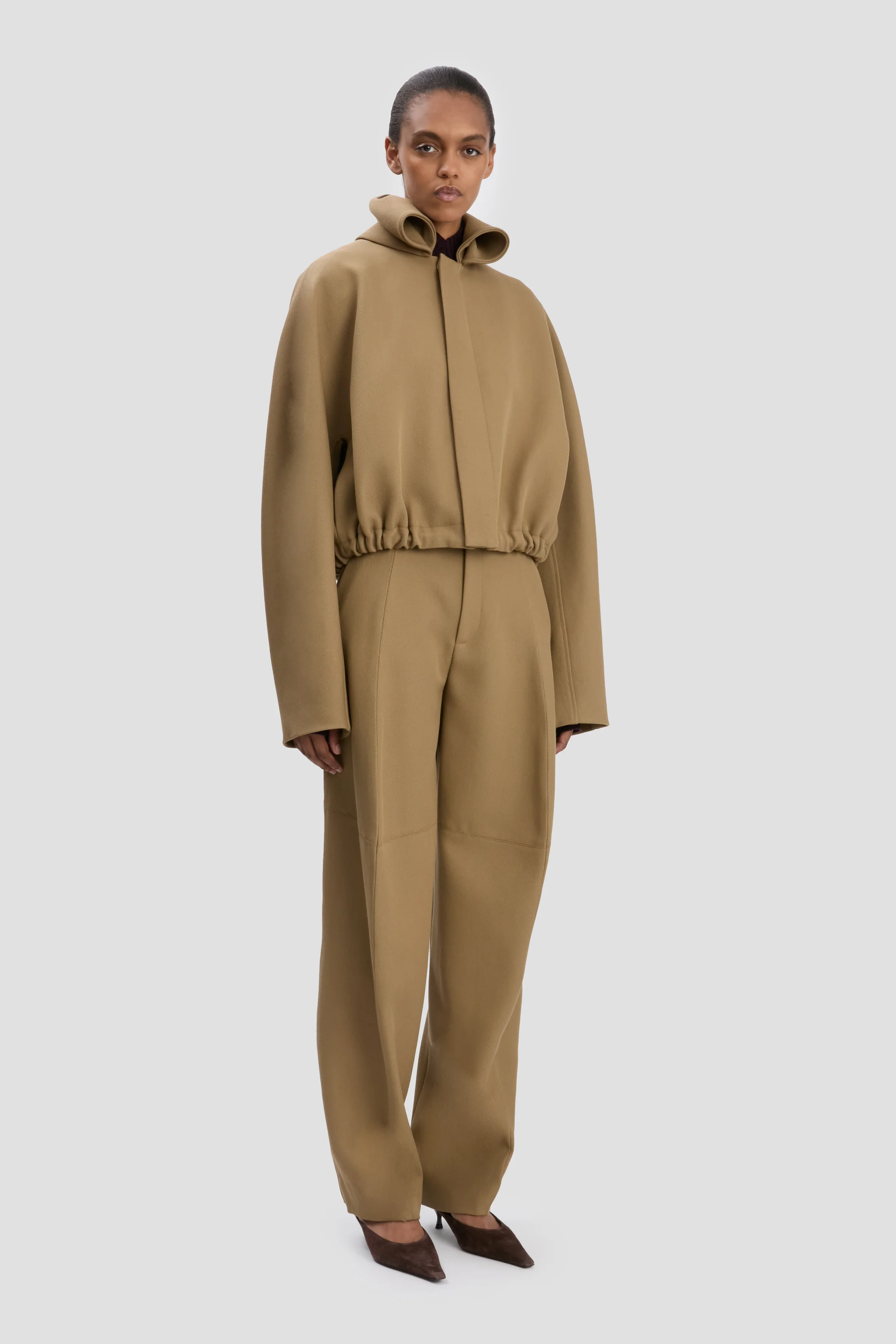 Roll Neck Bomber Jacket In Dark Camel - XNAUWBI