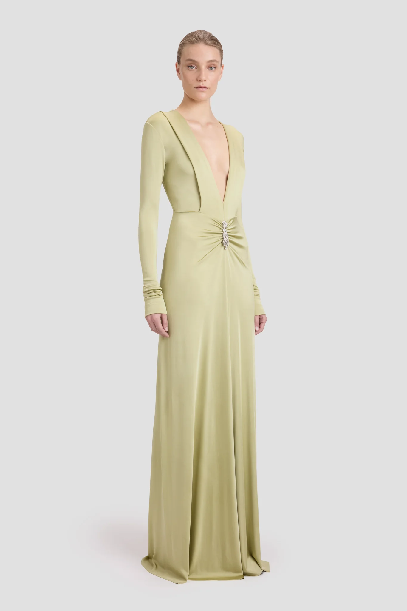 Embellished Deep V-Neck Gown In Pistachio - XNAUWBI