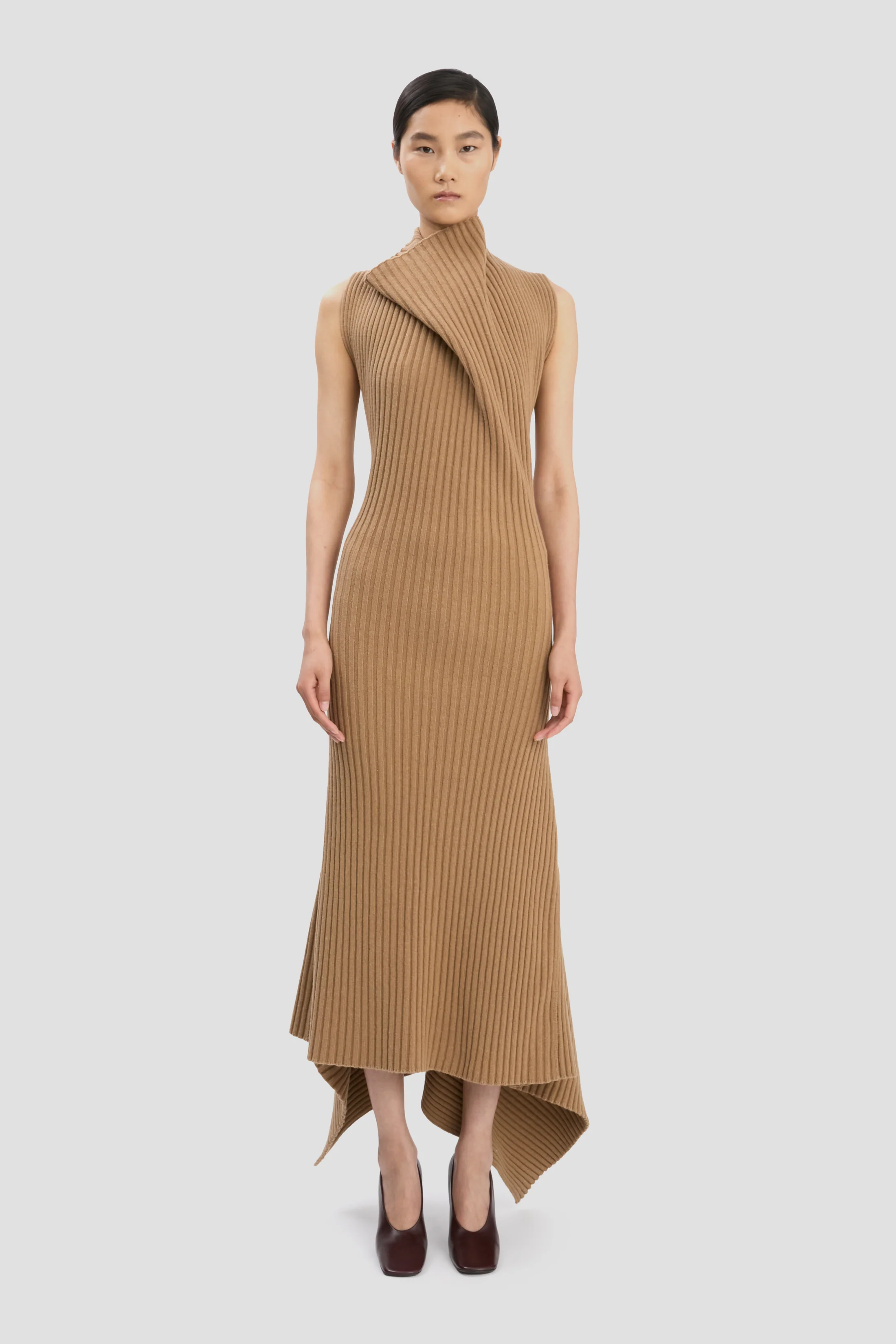 Ribbed Midi Dress In Dark Camel - XNAUWBI