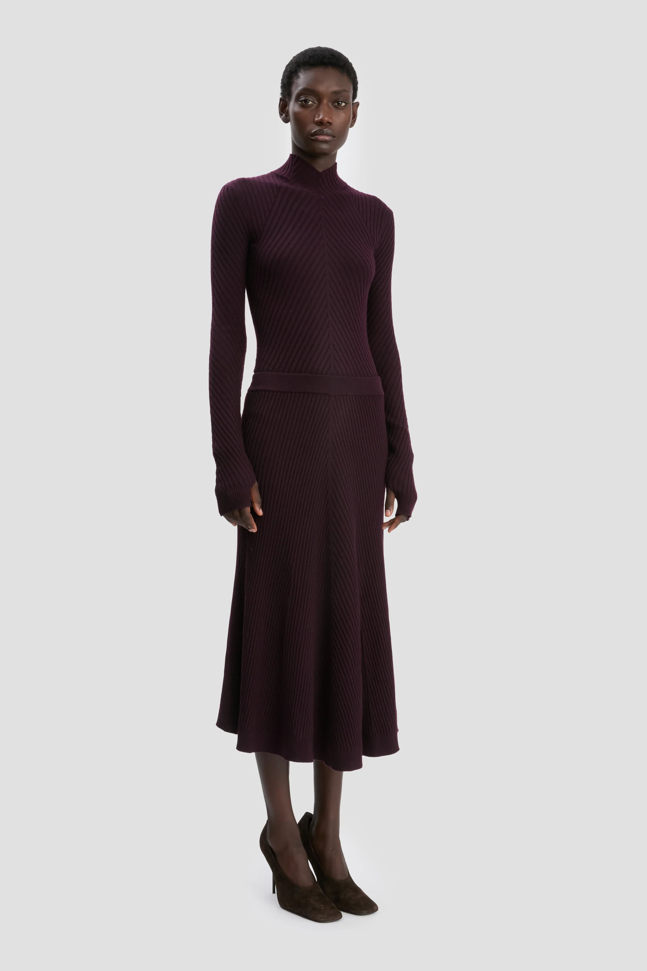 Ribbed Knit Midi Skirt In Merlot - XNAUWBI