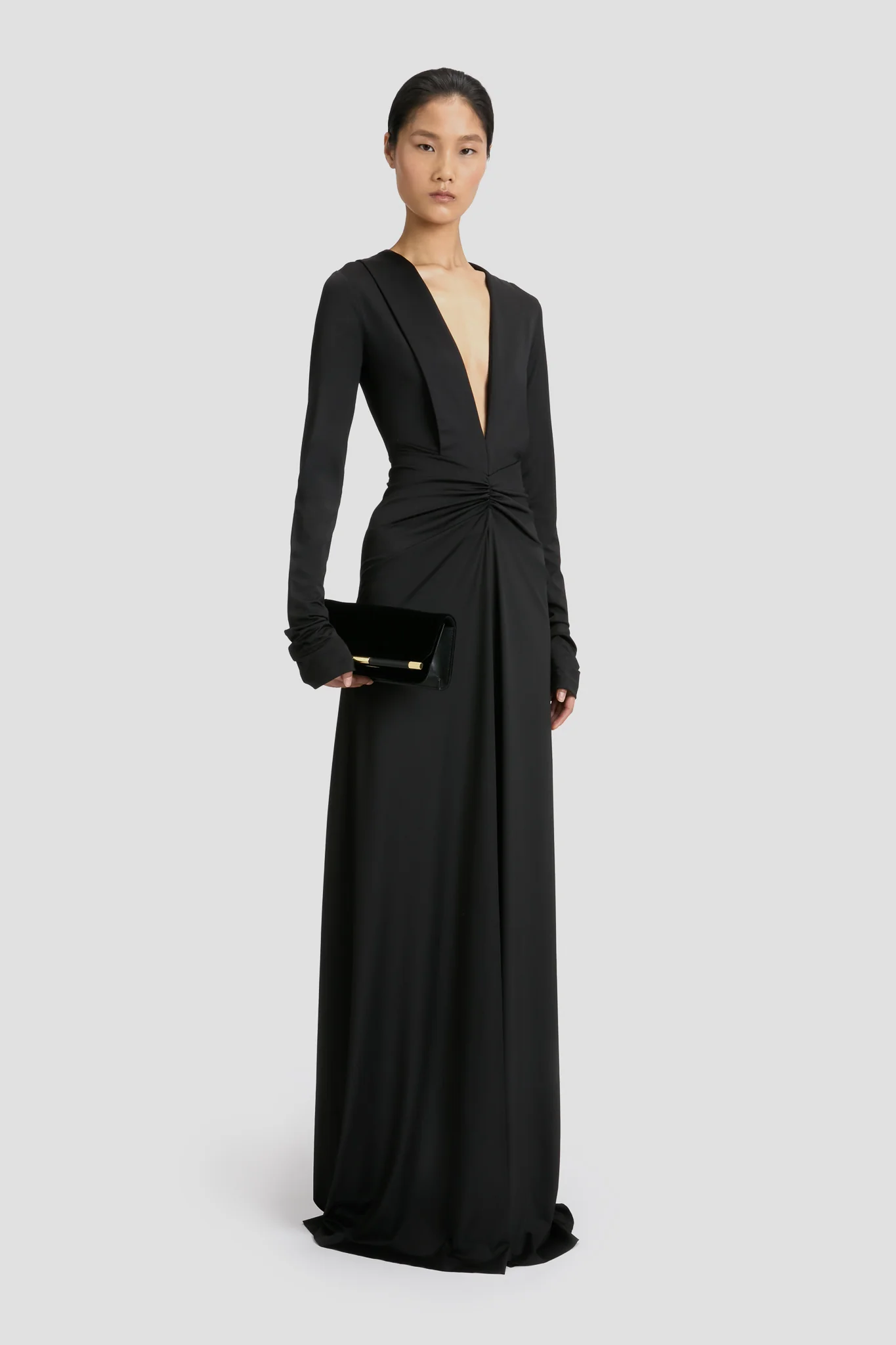 Long Sleeve Deep V-Neck Gown In Black - XNAUWBI