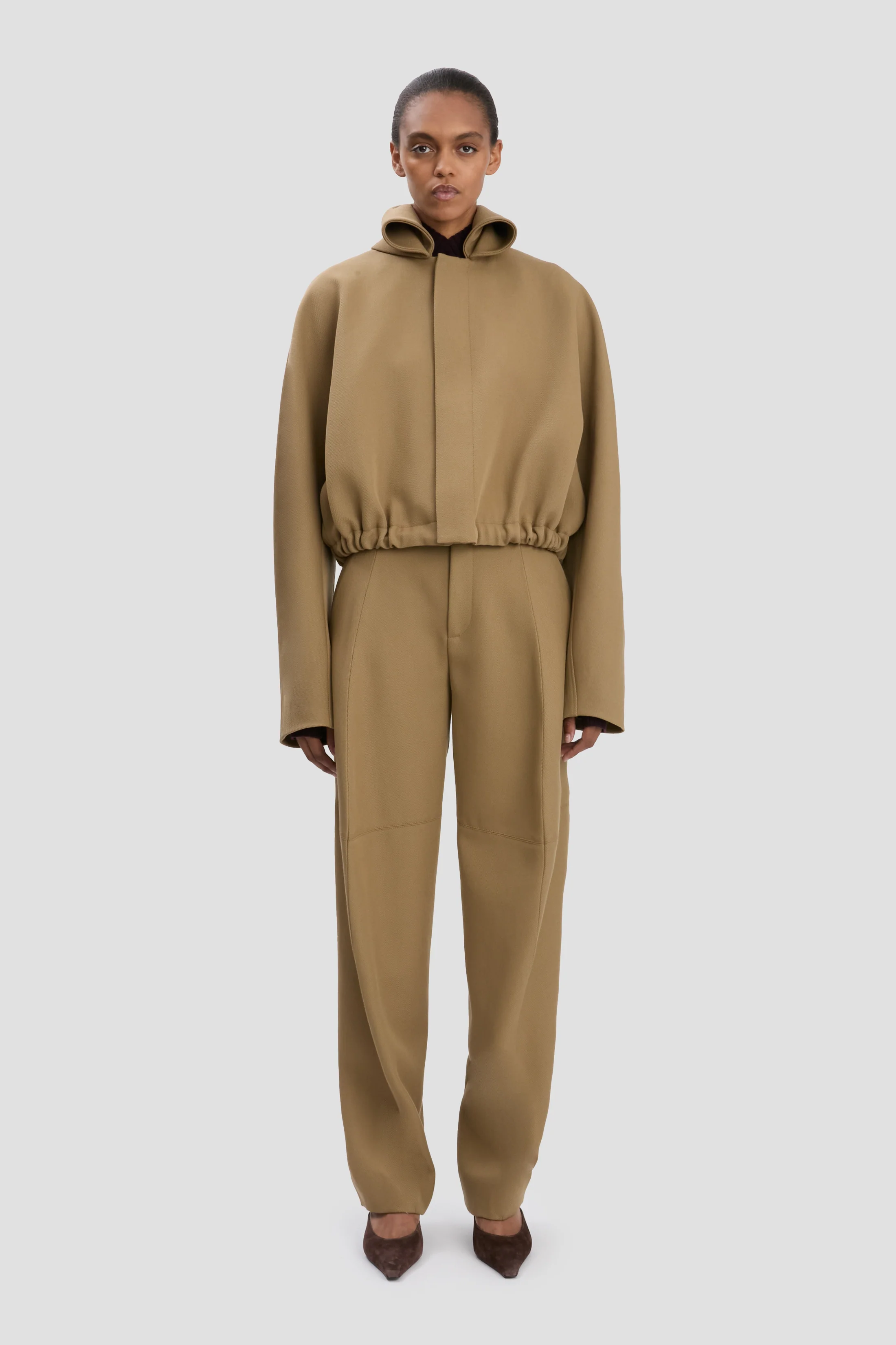 Roll Neck Bomber Jacket In Dark Camel - XNAUWBI