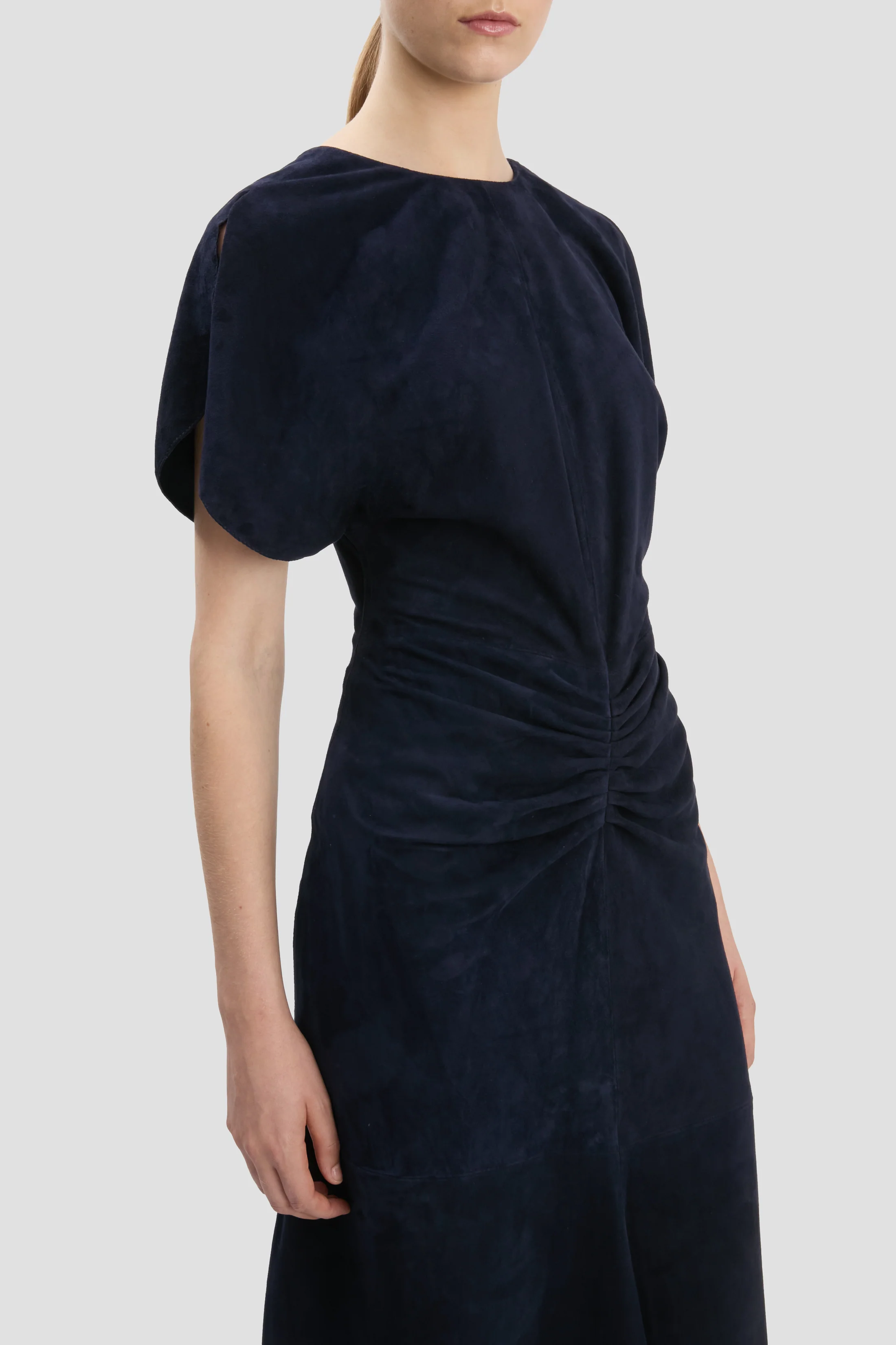 Bela Midi Dress In Navy Suede - XNAUWBI