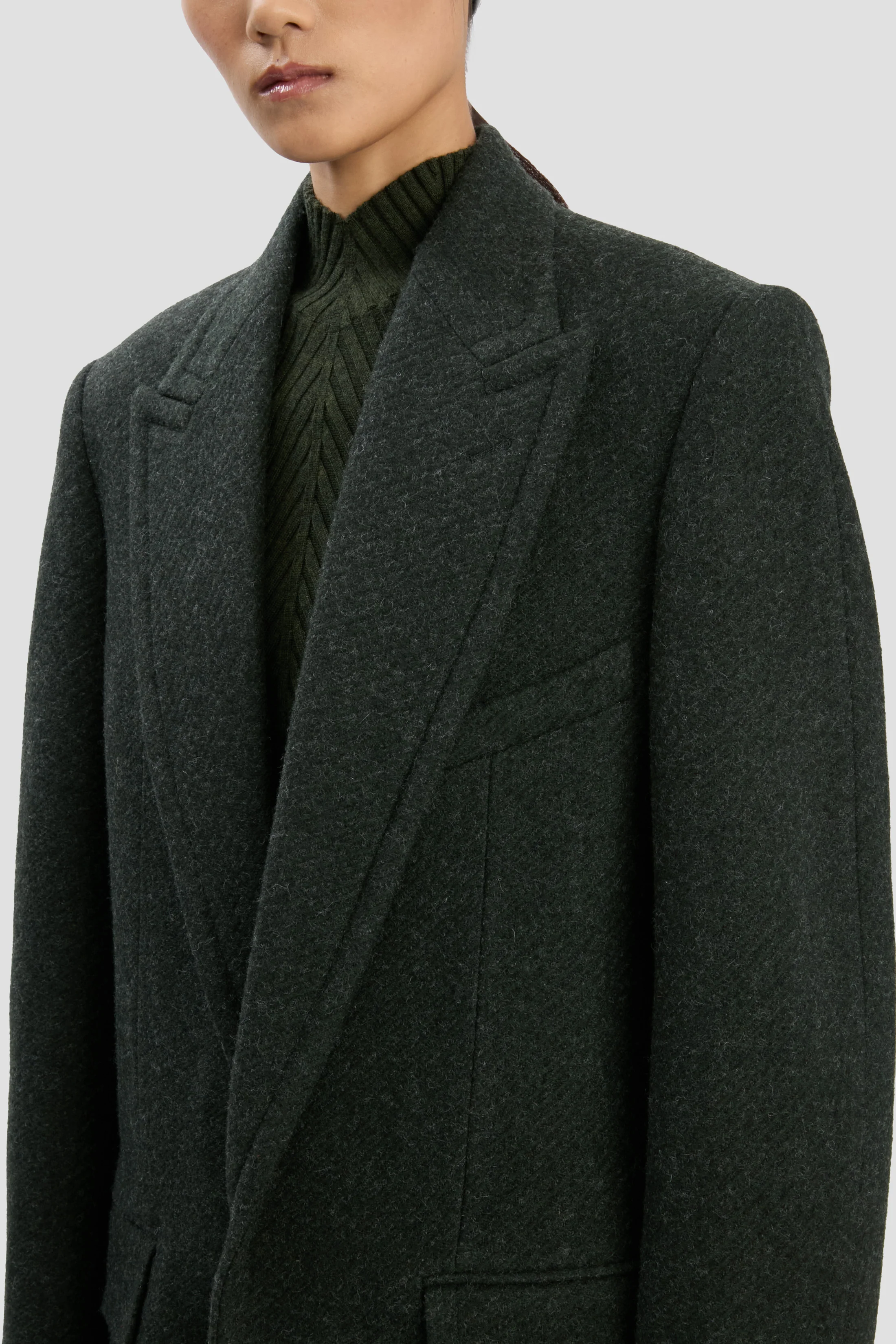 Curved Sleeve Overcoat In Dark Olive Melange - XNAUWBI