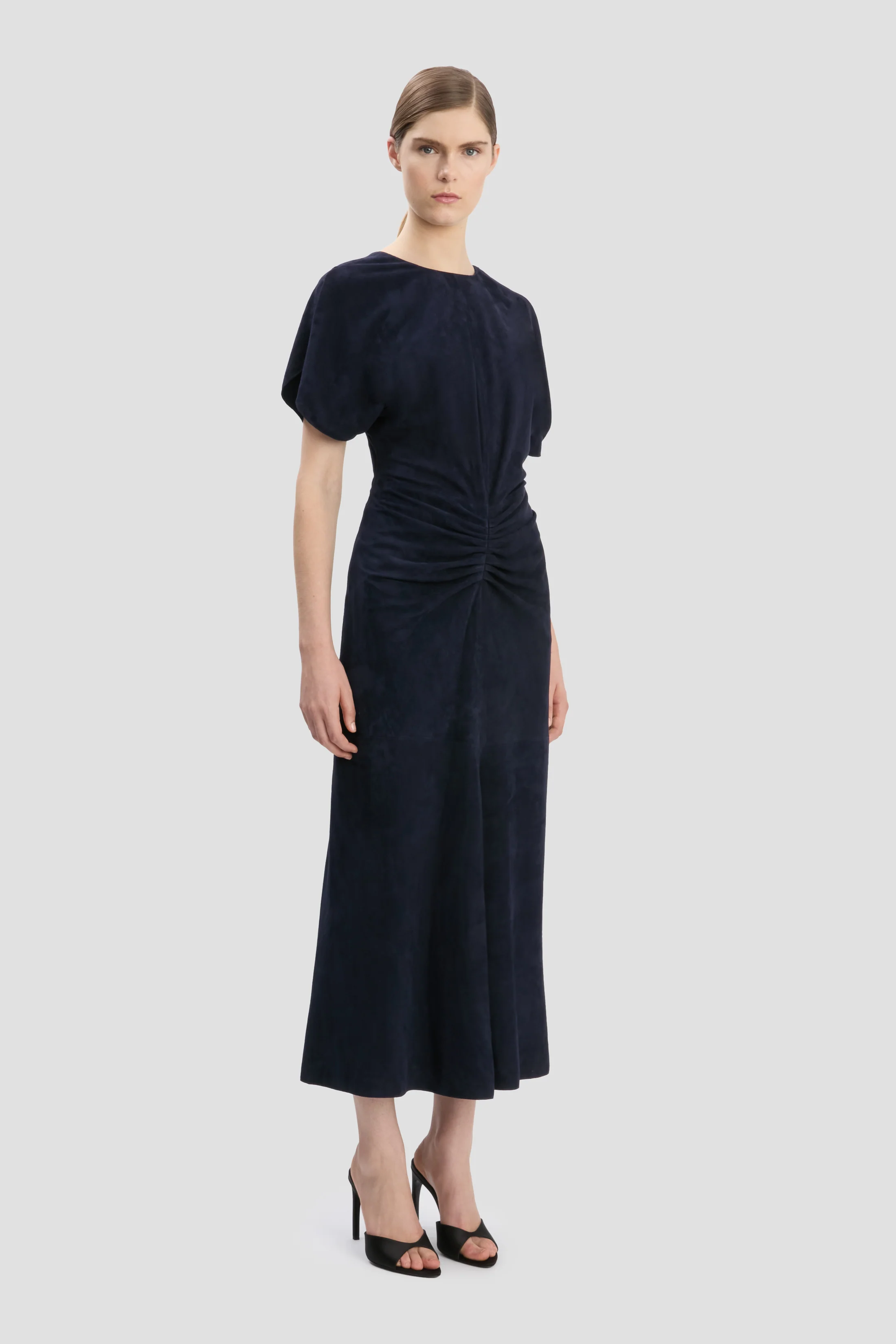 Bela Midi Dress In Navy Suede - XNAUWBI