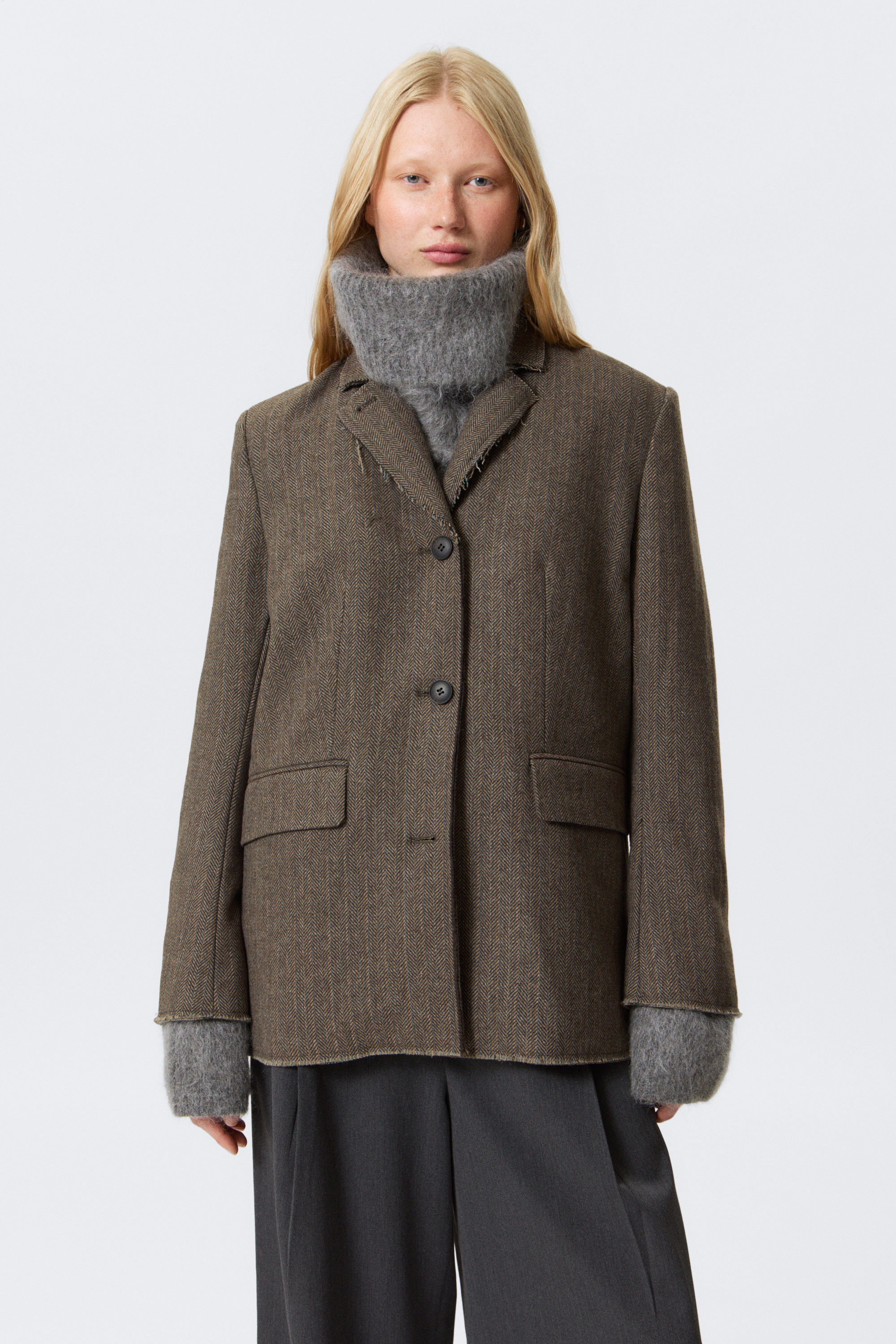 LOOSE FIT WOOL BLEND HERRINGBONE BLAZER - XNAUWBI