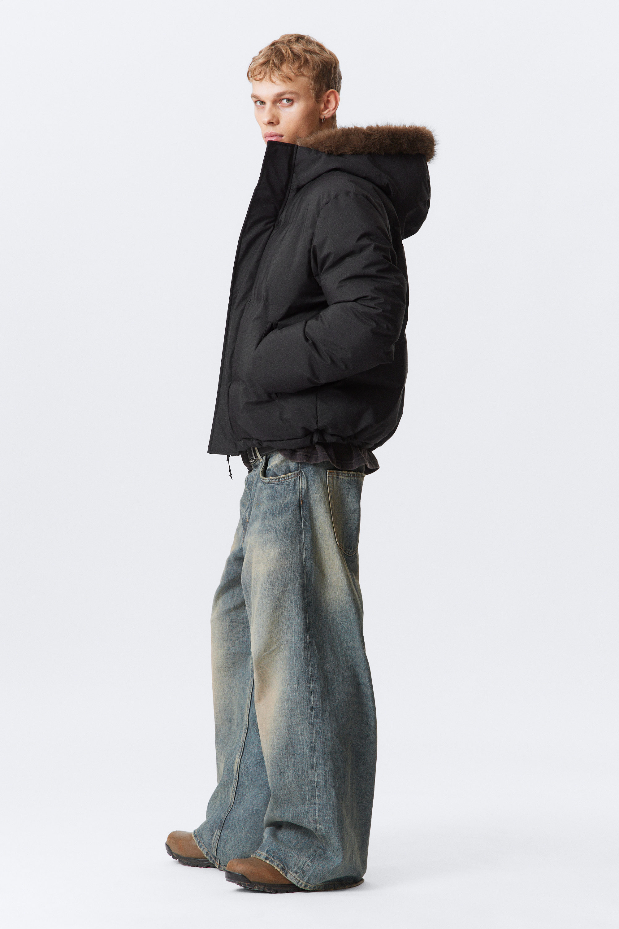 HOODED PUFFER JACKET WITH FAUX FUR TRIM - XNAUWBI