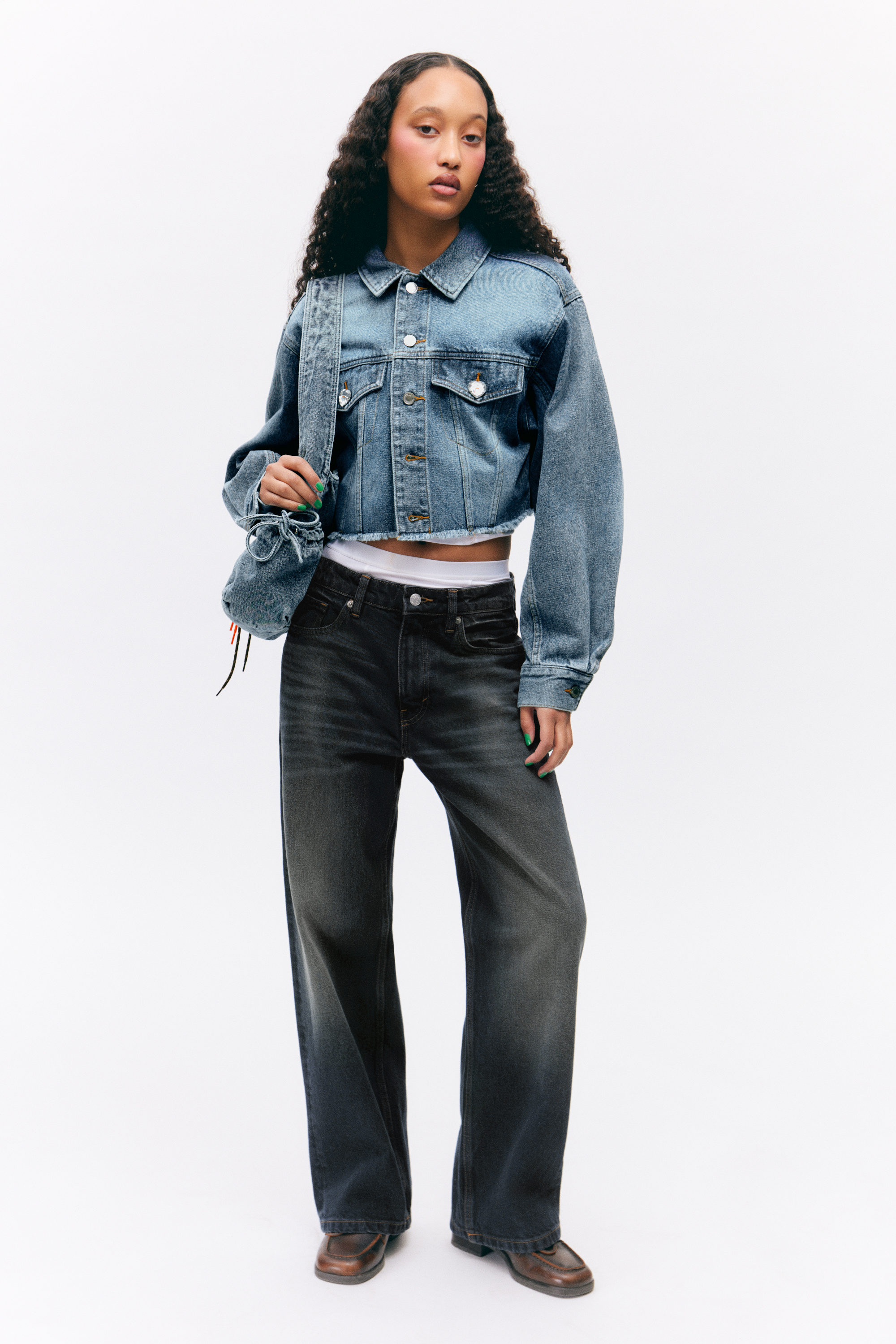 CROPPED OVERSIZED BARREL-SLEEVED DENIM JACKET - XNAUWBI