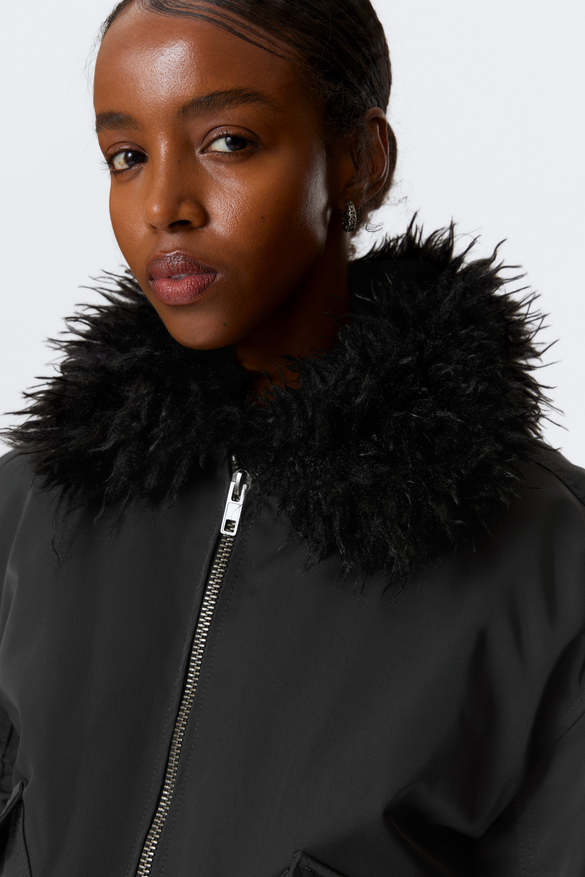 FAUX FUR COLLAR BOMBER JACKET - XNAUWBI