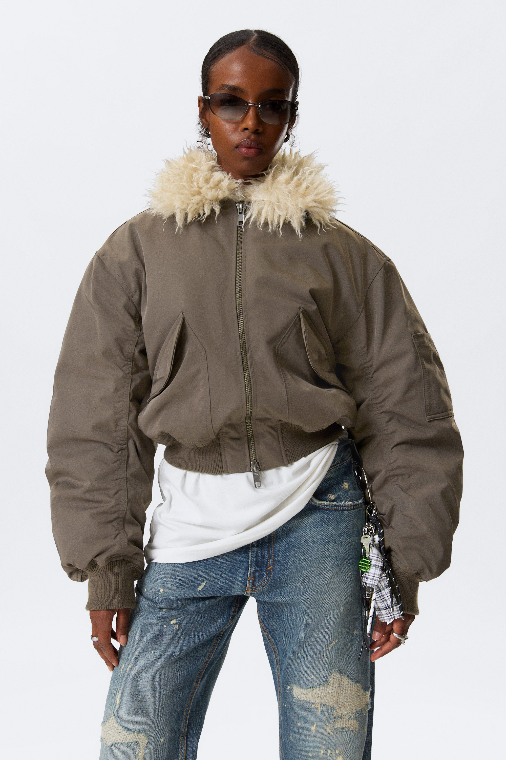 FAUX FUR COLLAR BOMBER JACKET - XNAUWBI
