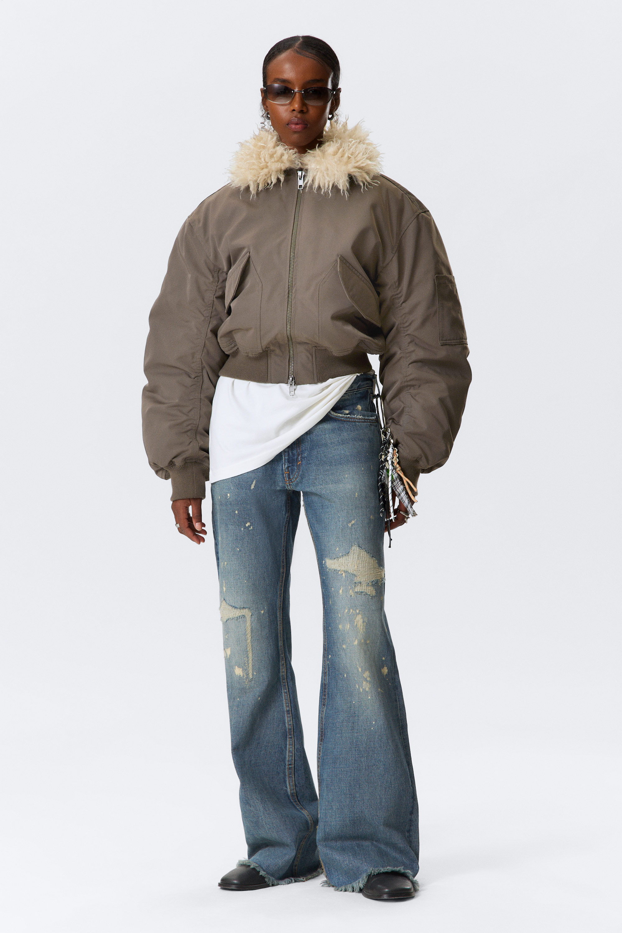 FAUX FUR COLLAR BOMBER JACKET - XNAUWBI