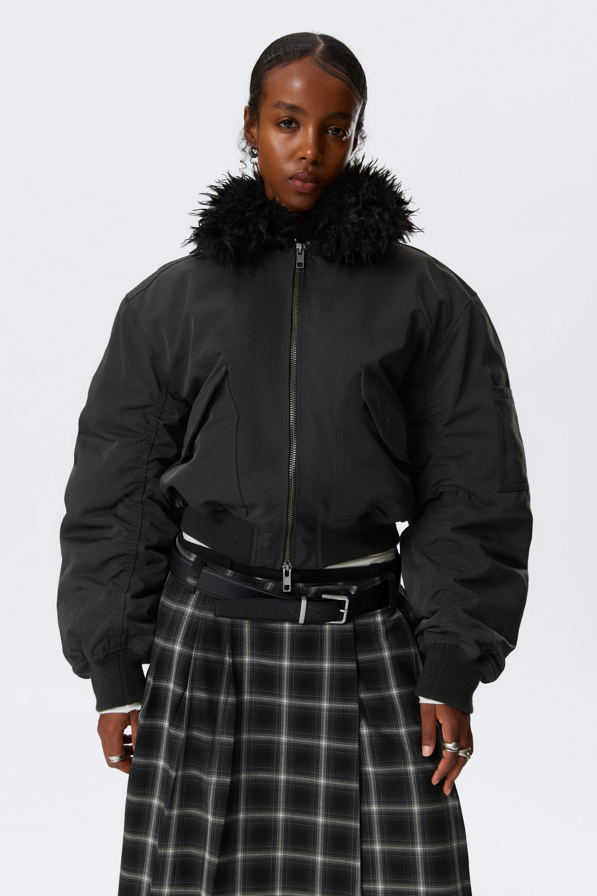 FAUX FUR COLLAR BOMBER JACKET - XNAUWBI
