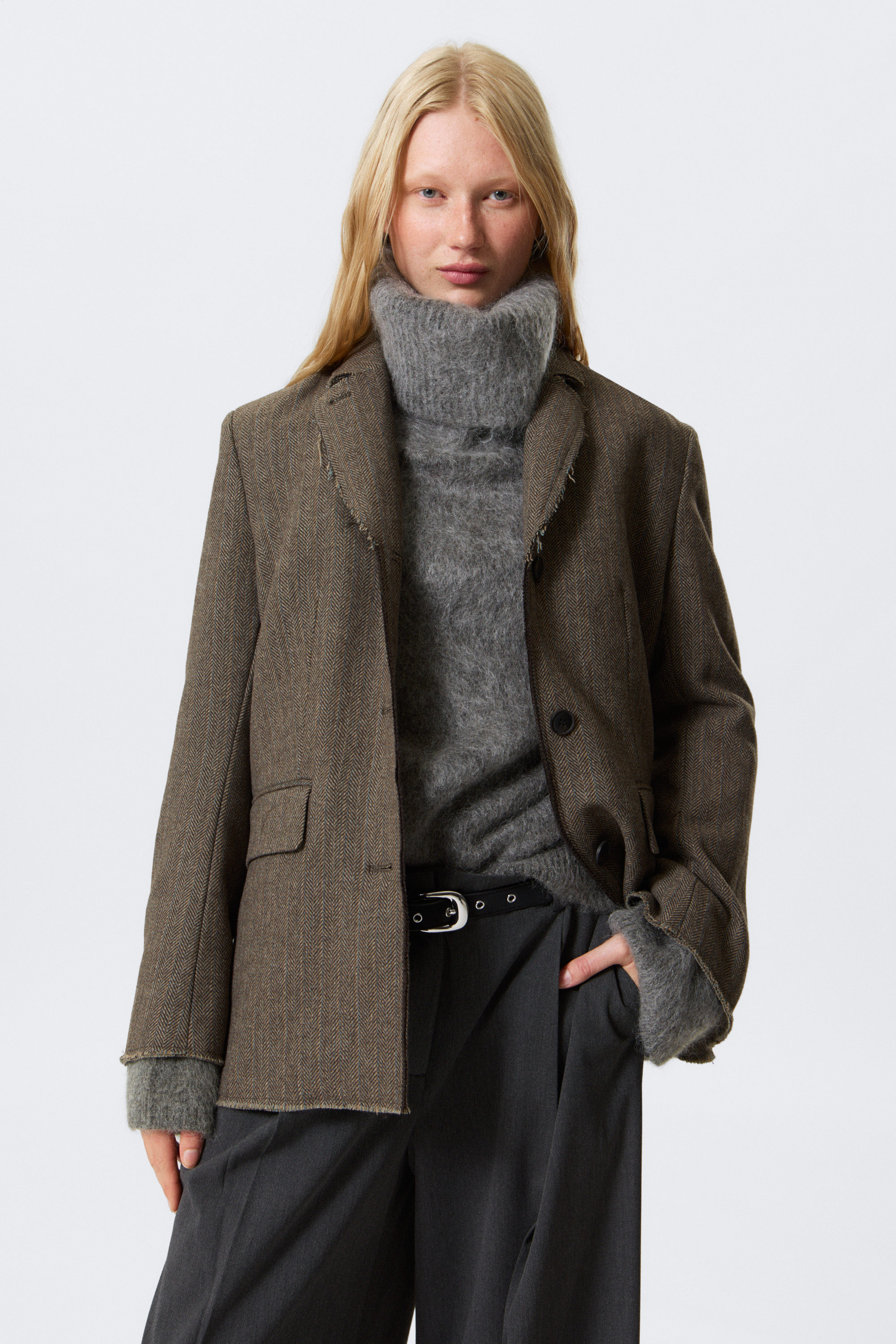 LOOSE FIT WOOL BLEND HERRINGBONE BLAZER - XNAUWBI