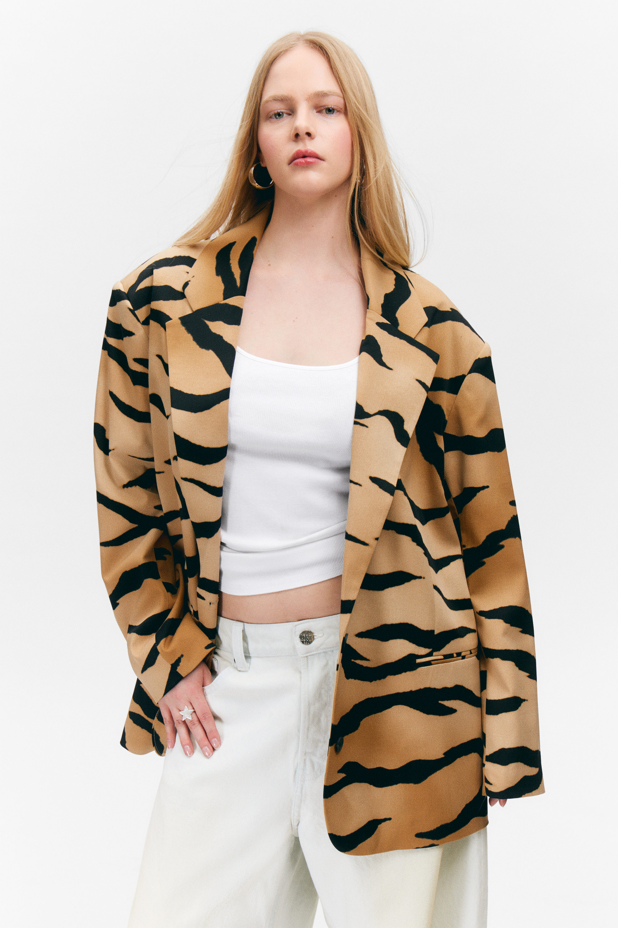 SINGLE-BREASTED OVERSIZED TIGER PRINTED BLAZER - XNAUWBI
