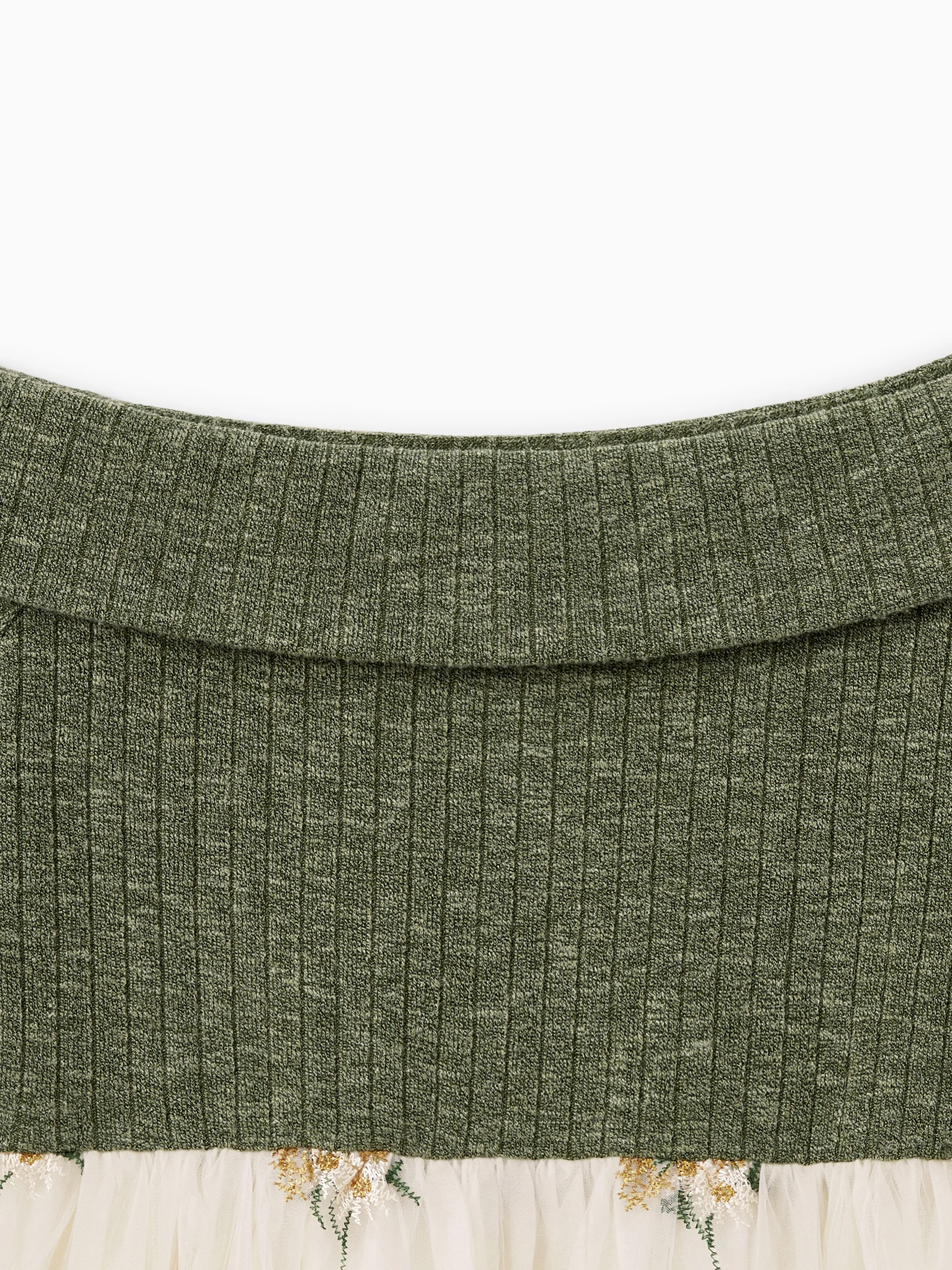 Family Matching Sets Green Long Sleeves Shirt or Ribbed Off-Shoulder Embroidered Tulle Dress Green - XNAUWBI