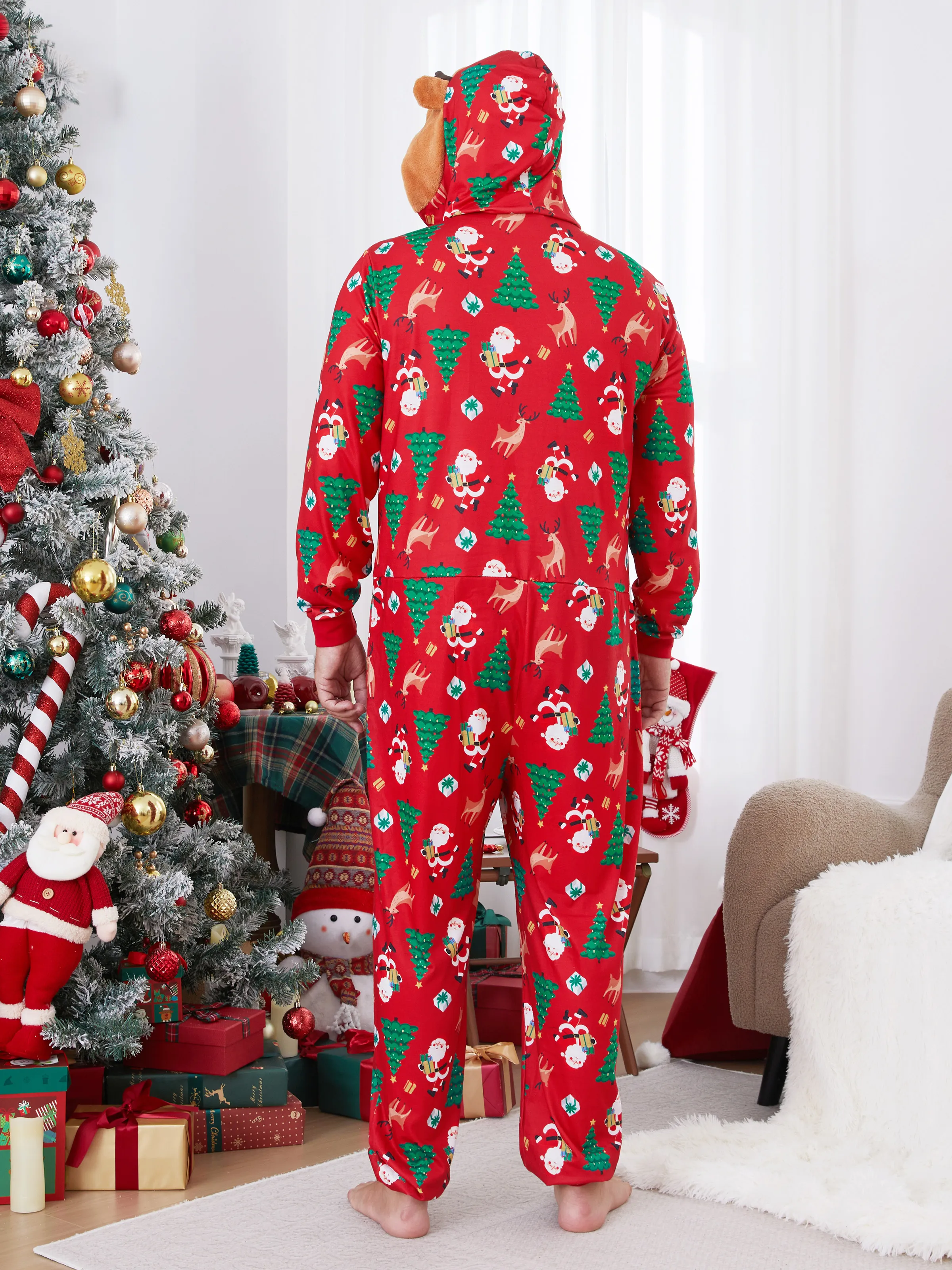 Christmas Family Pajamas Sets 3D Reindeer Hooded Allover Print Onesies with Christmas Socks Red-2 - XNAUWBI