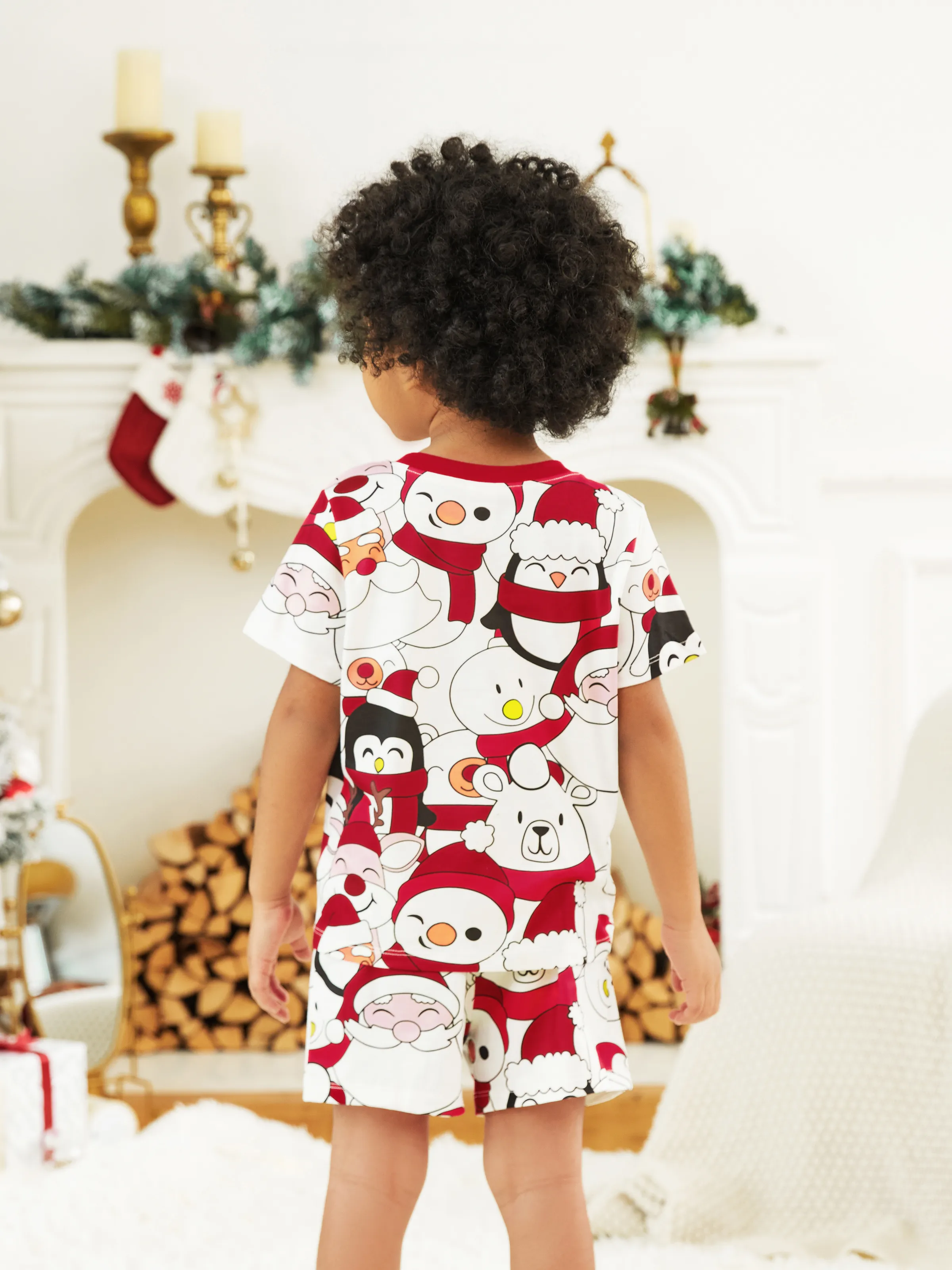 Christmas Santa and Snowman Print Family Matching Short-sleeve Tops and Shorts Pajamas Sets White - XNAUWBI