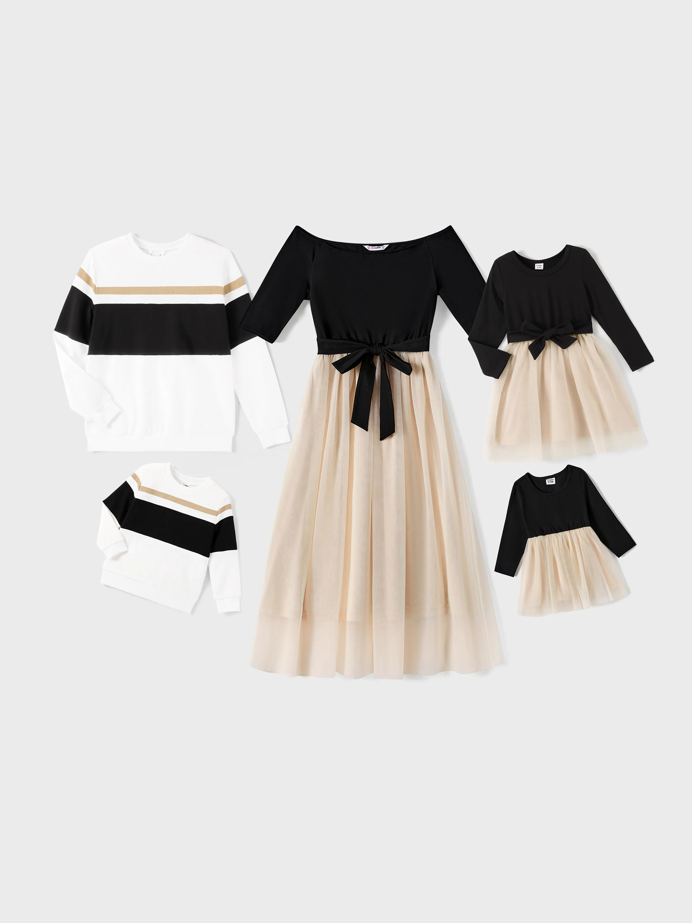 Family Matching Black-Almond Mesh Skirt and Classic Round Neck Long Sleeve Tops Sets Black - XNAUWBI