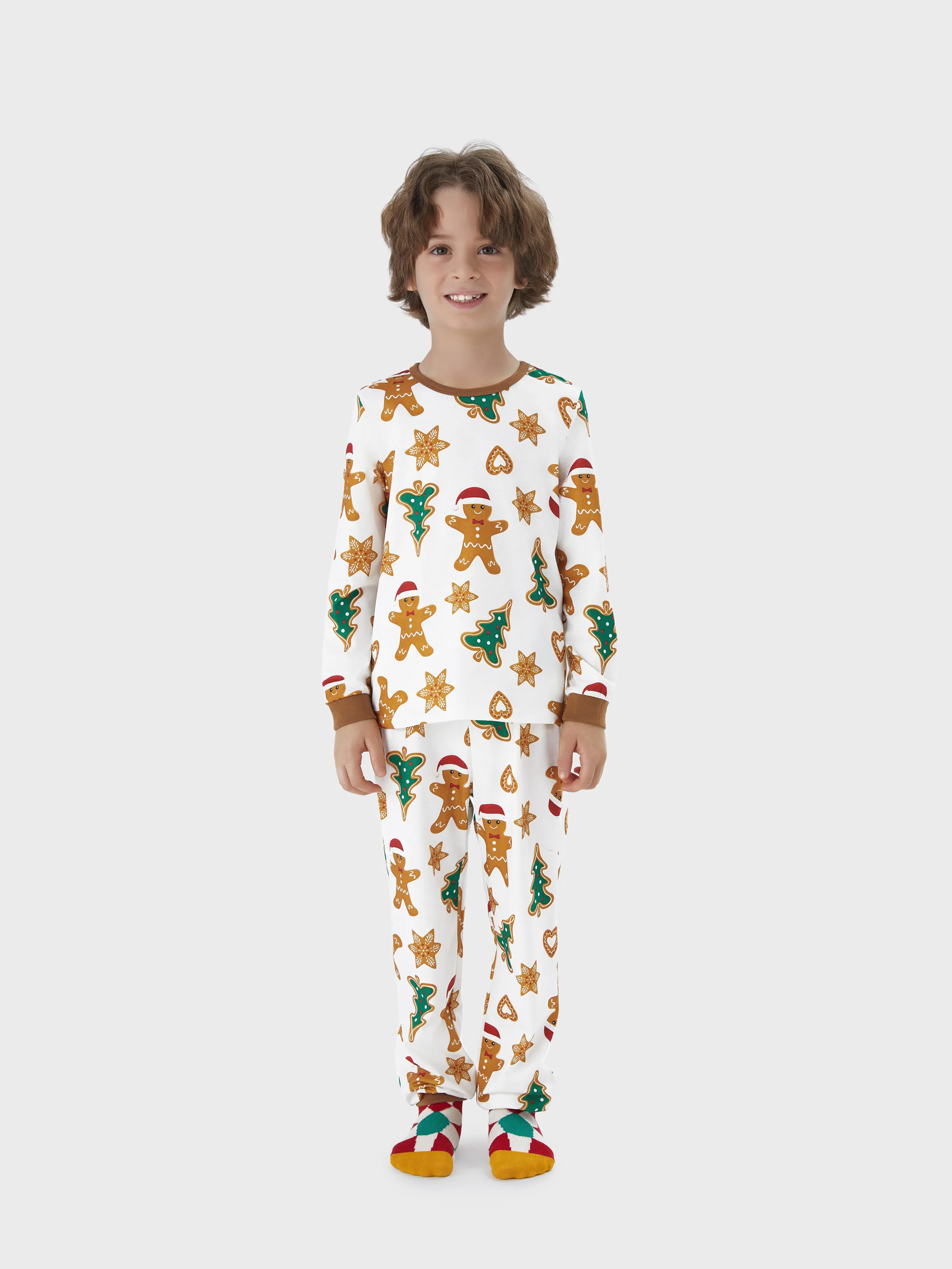 Christmas Family Matching Cartoon Gingerbread Man and Tree All-over Print Long-sleeve Pajamas Sets with Christmas Socks Coffee - XNAUWBI