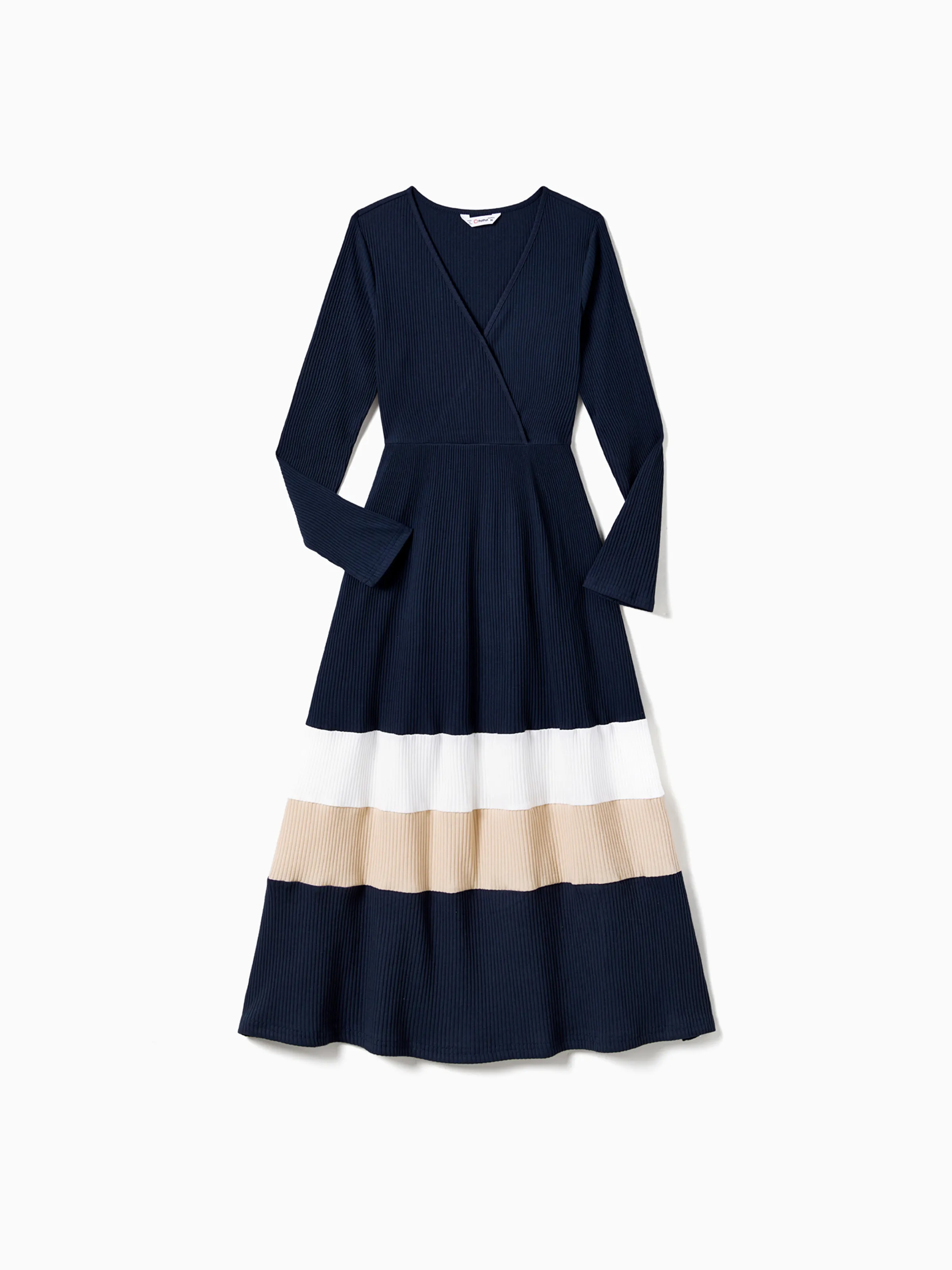 Family Matching Color-Block Knit Long-Sleeved Dresses And Tops Sets Multi-color - XNAUWBI