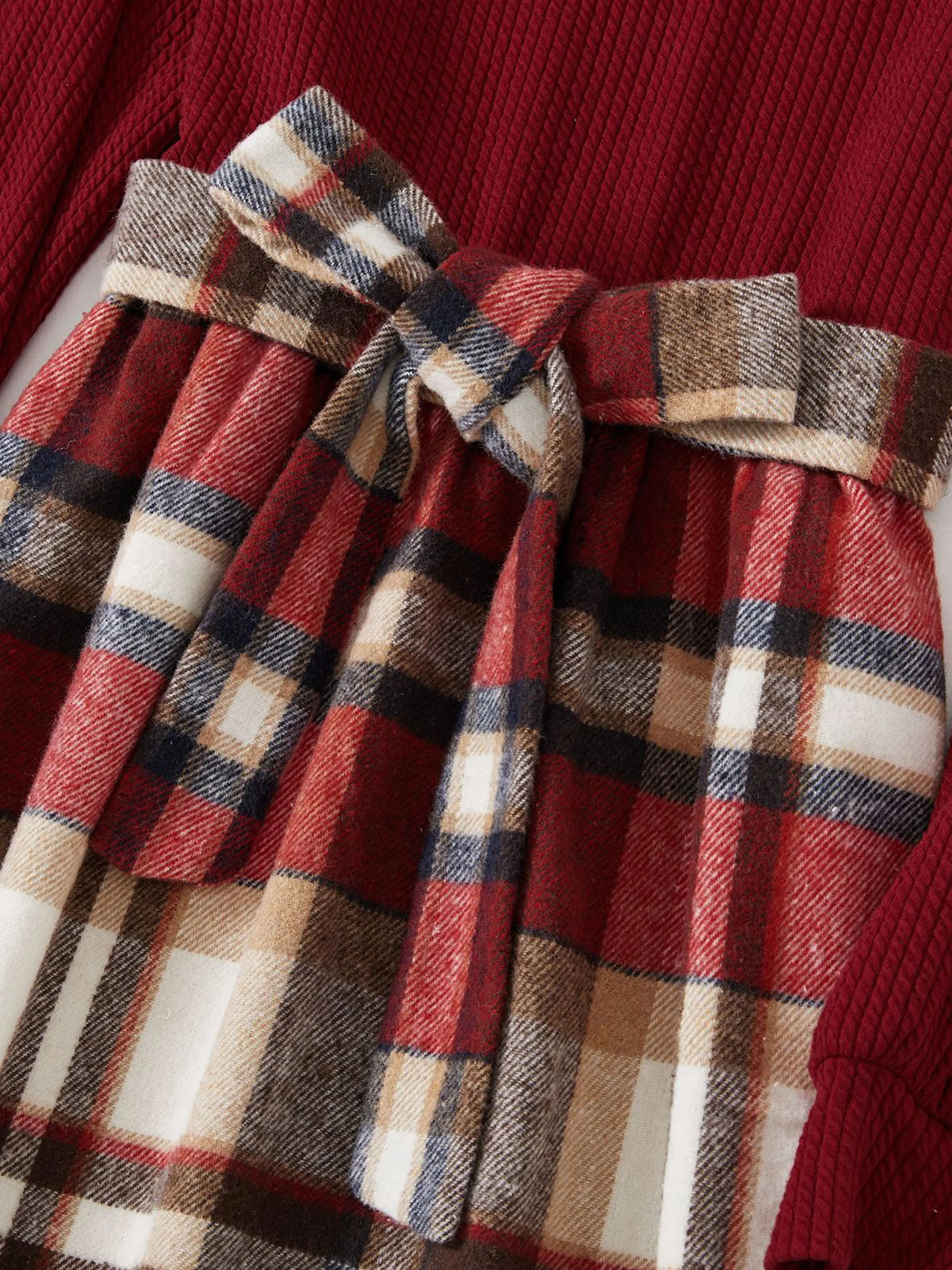 Family Matching Solid Ribbed Spliced Plaid Belted Dresses and Long-sleeve Button Up Shirts Sets MAROON - XNAUWBI