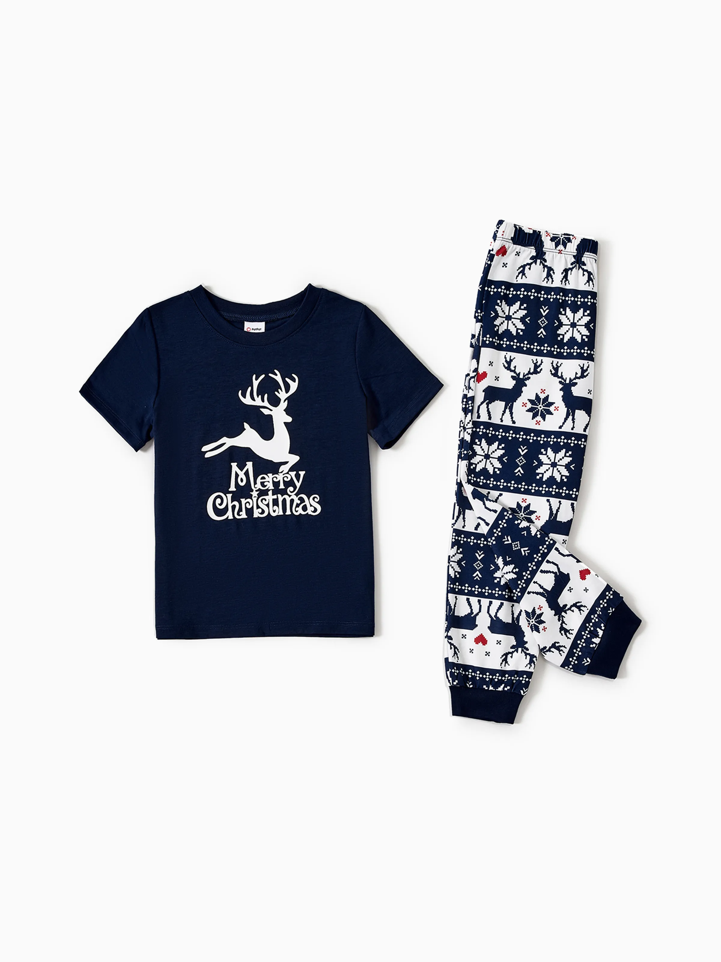 Christmas Reindeer Print Glow in the Dark Family Matching Pajamas Sets with Christmas Socks Deep Blue - XNAUWBI