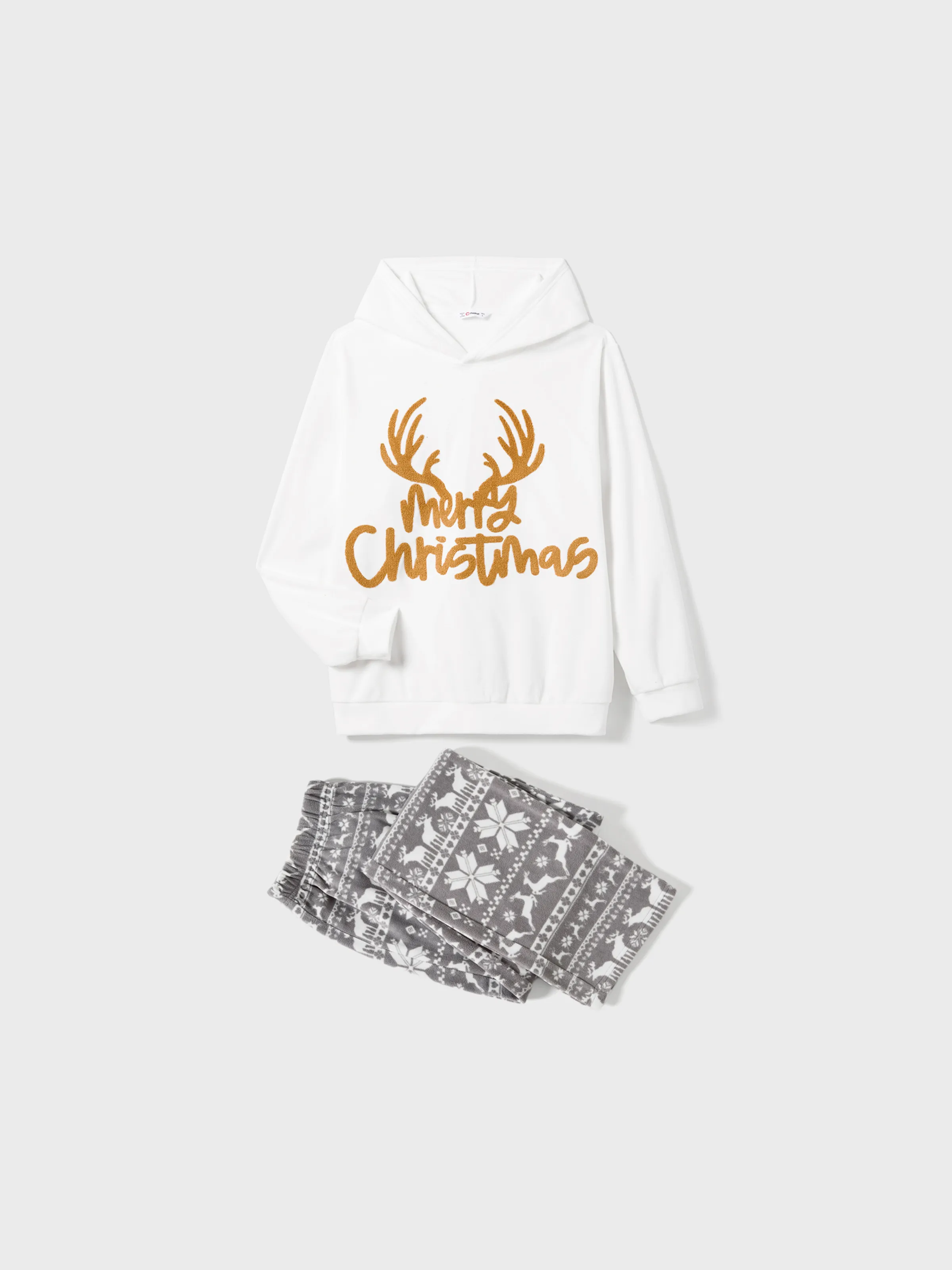 Christmas Family Matching Letters Embroidered Long-sleeve Hooded Fleece Pajamas Sets with Christmas Socks White - XNAUWBI