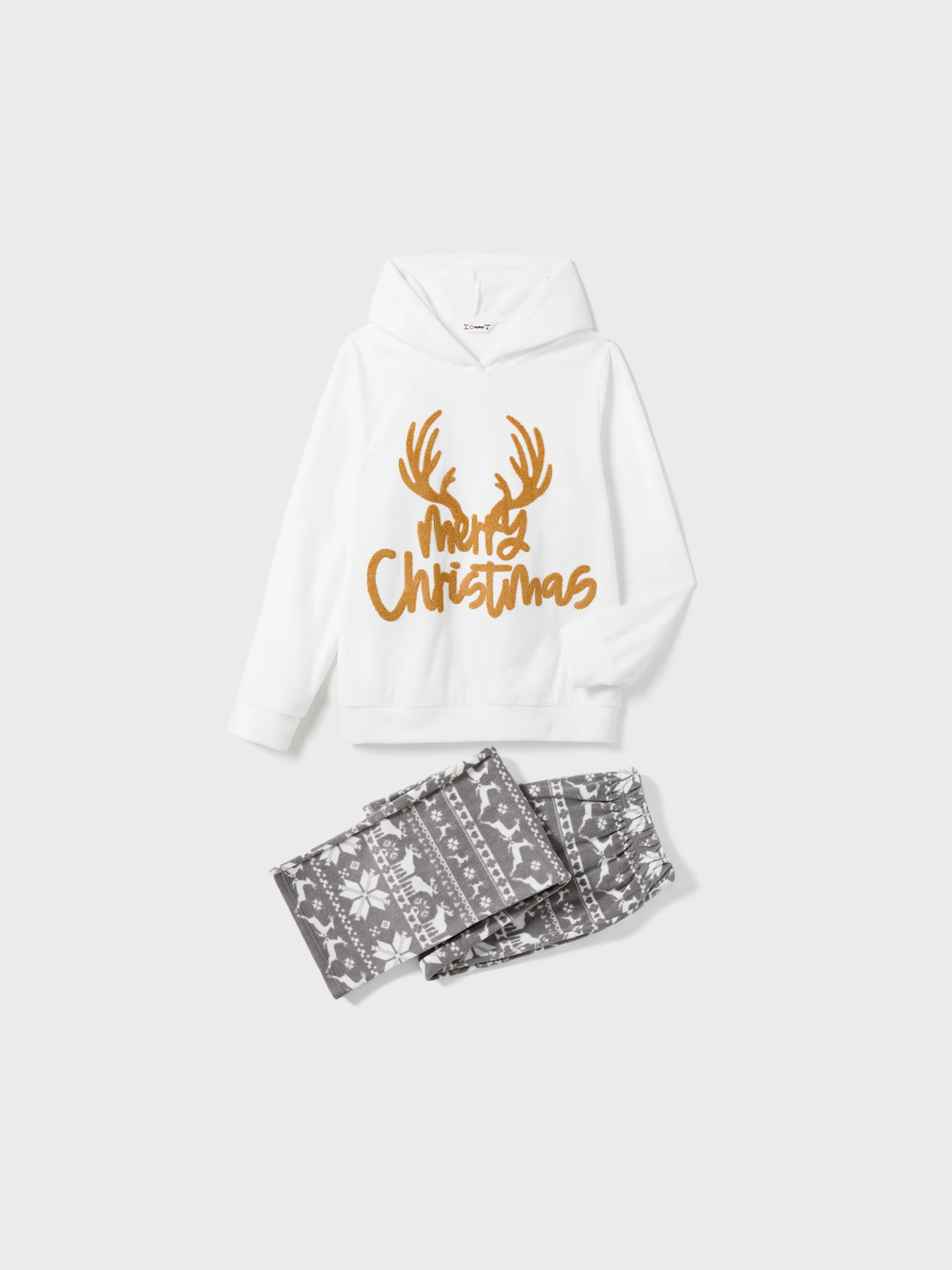 Christmas Family Matching Letters Embroidered Long-sleeve Hooded Fleece Pajamas Sets with Christmas Socks White - XNAUWBI